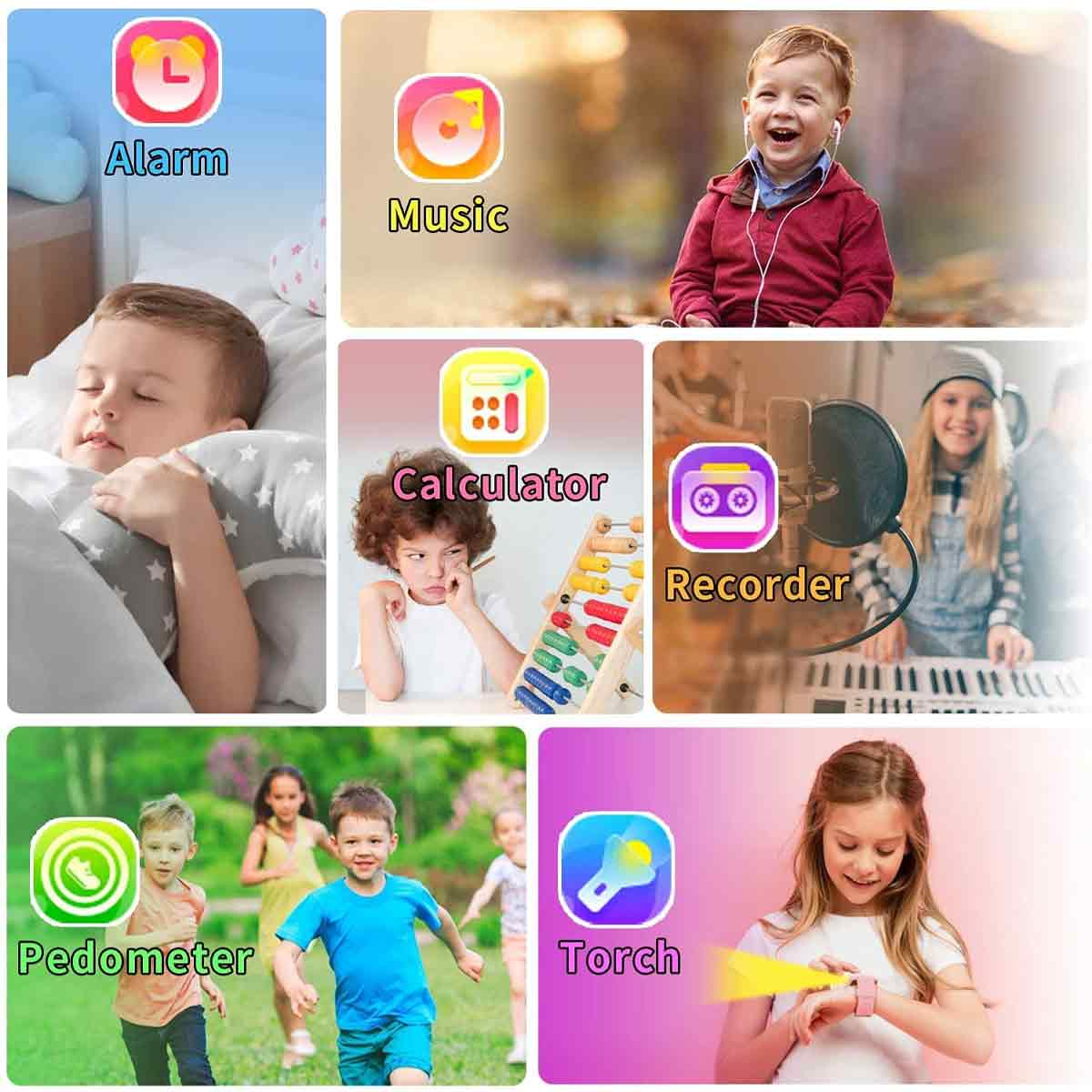 Collage: Wecker, Musik, Junge mit Kopfhörern, Taschenrechner, Recorder, Schrittzähler, Taschenlampensymbole, spielende Kinder und ein Mädchen mit einer Uhr.