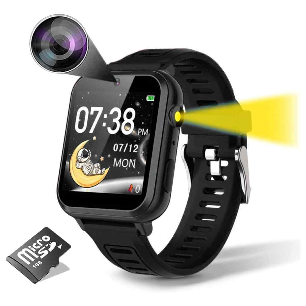 Schwarze Smartwatch mit Kamera, Display mit Uhrzeit und Datum, Astronaut auf Mond und 1GB Micro-SD-Karte.