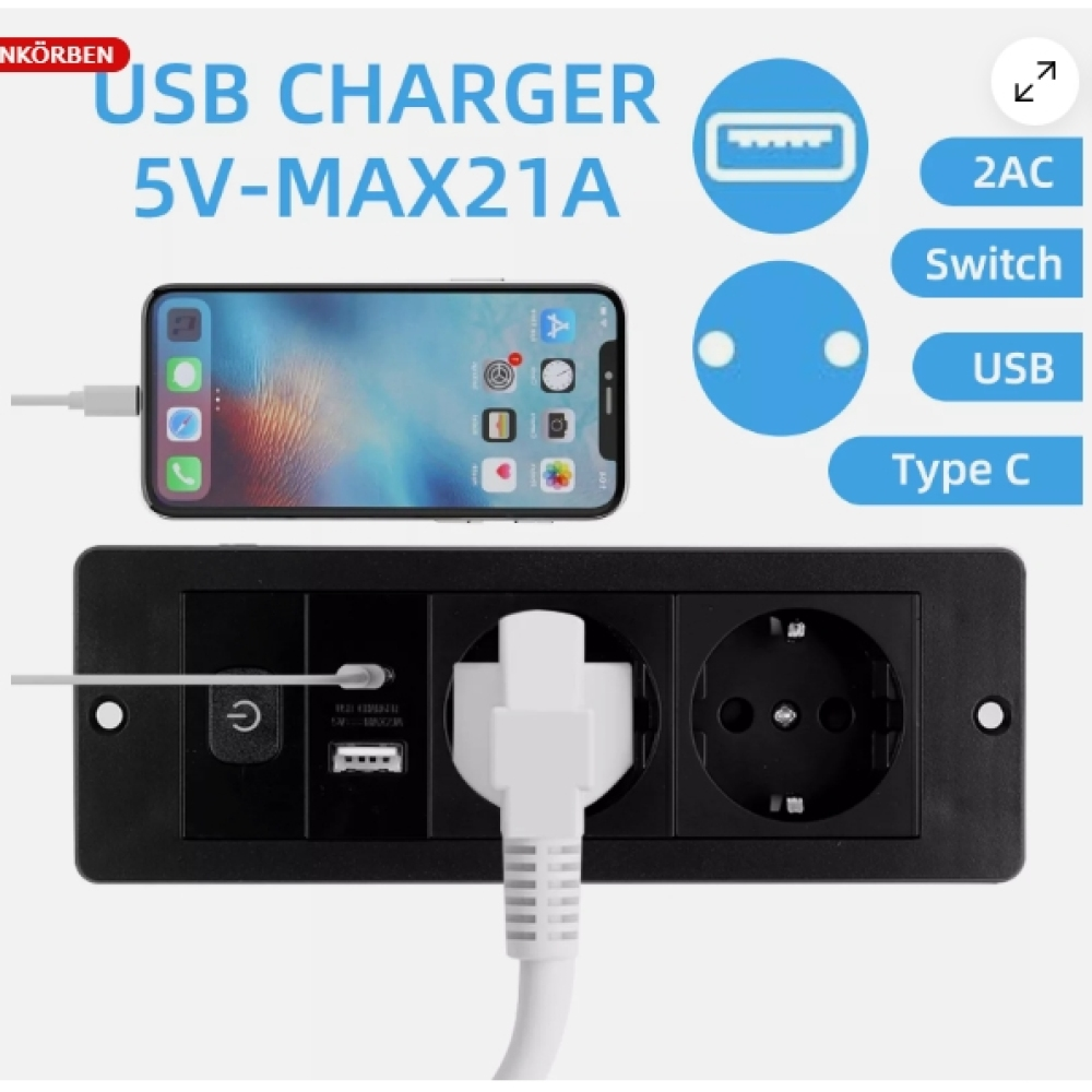 Schwarzes USB-Ladegerät mit eingestecktem Telefon. Zu den Funktionen gehören USB, Typ C, 2AC und ein Schalter. Weißes Netzkabel ist angeschlossen.