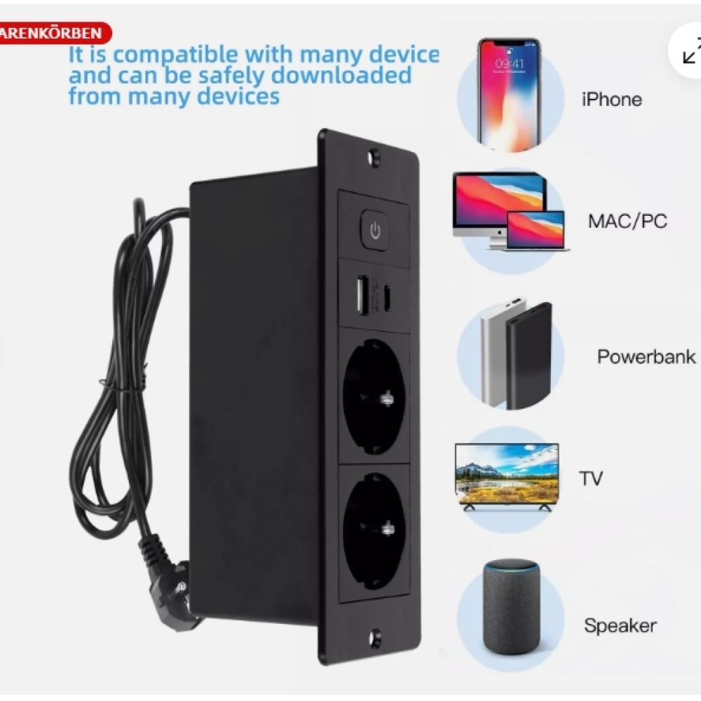 Schwarze Steckdose mit Steckdosen, USB und Ein-/Aus-Taste. Kompatible Geräte: iPhone, Mac/PC, Powerbank, TV, Lautsprecher.