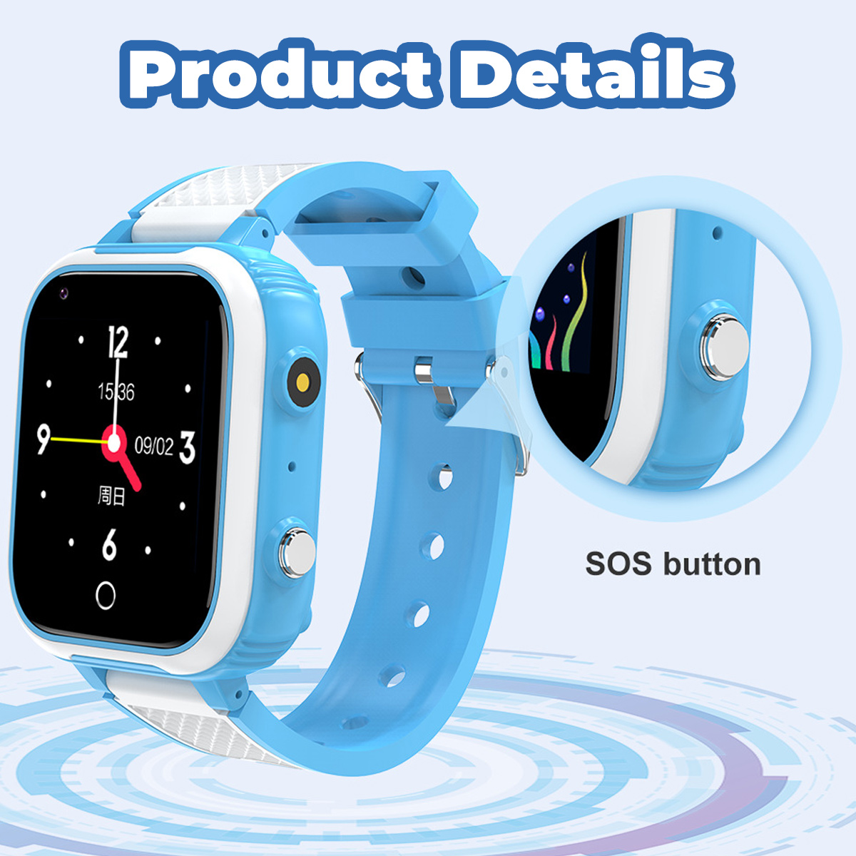 Eine blaue Smartwatch mit weißem Armband und schwarzem Bildschirm. Die Uhr zeigt Uhrzeit und Datum an. SOS-Taste hervorgehoben.