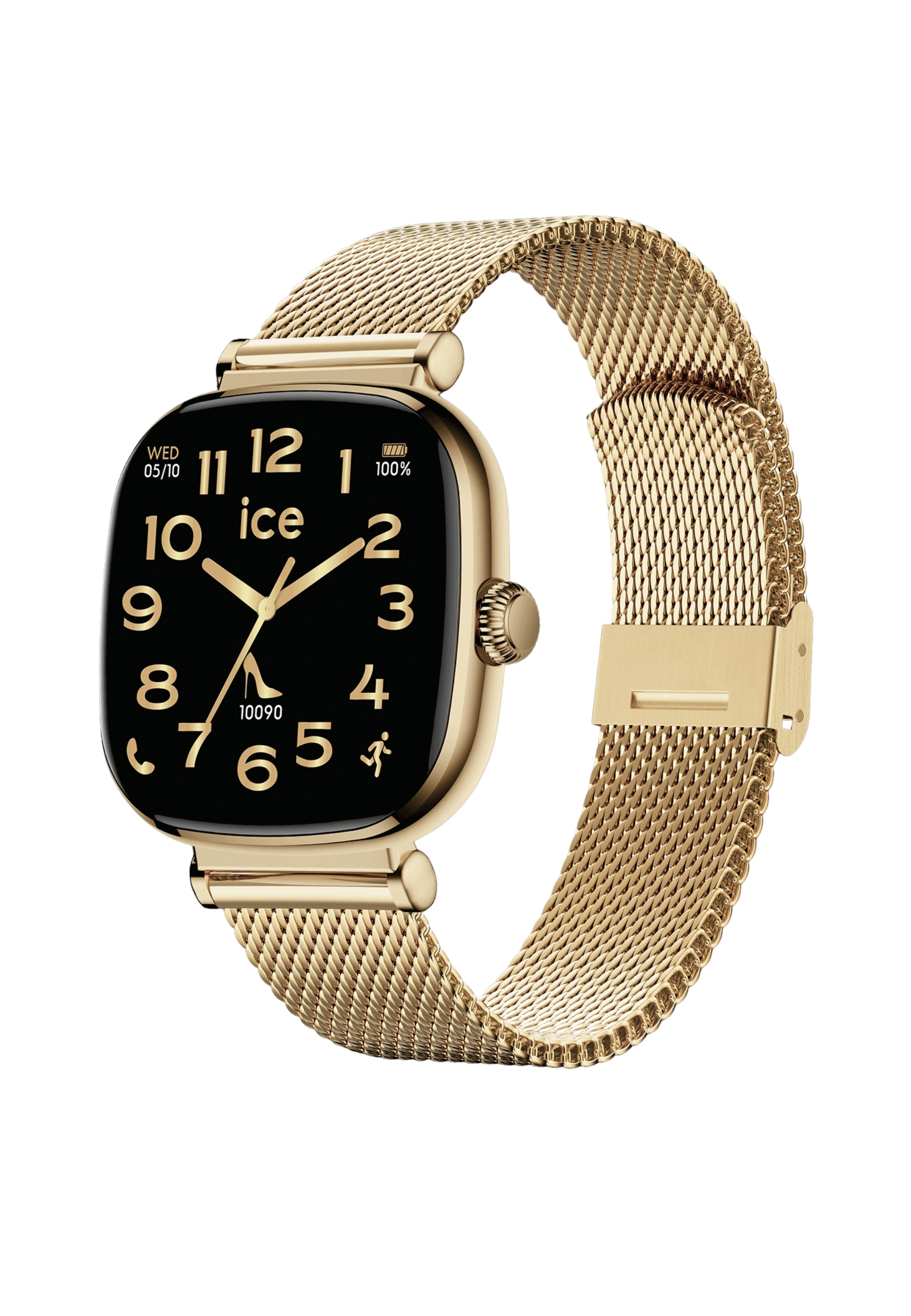 Goldene Smartwatch mit schwarzem Zifferblatt. Zeigt Zeit, Datum und Akku an. Verfügt über ein goldenes Mesh-Band. Weißer Hintergrund.