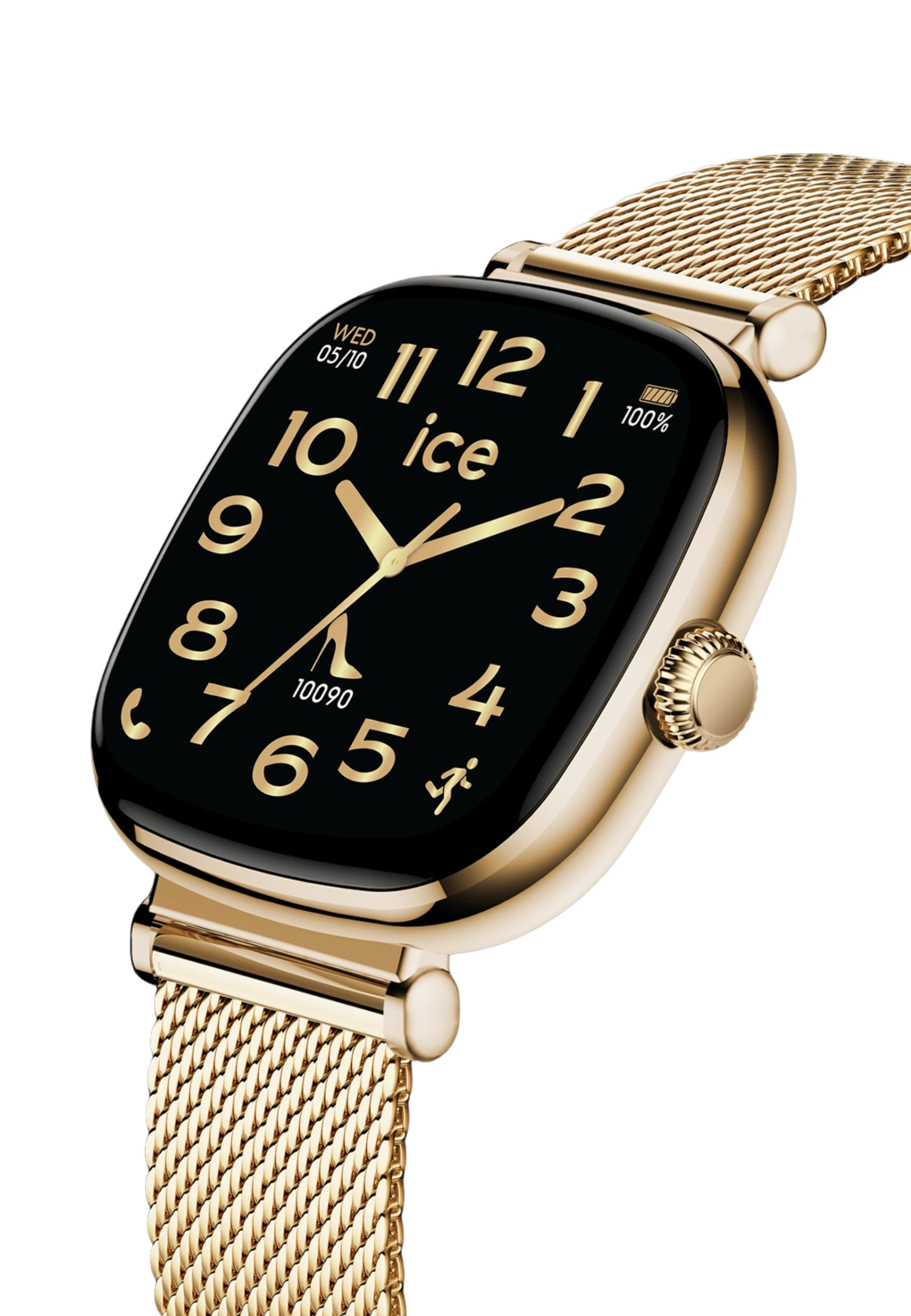 Eine goldene Smartwatch mit schwarzem Display, das Zeit, Datum und Akkulaufzeit anzeigt. Sie hat ein goldenes Mesh-Armband.