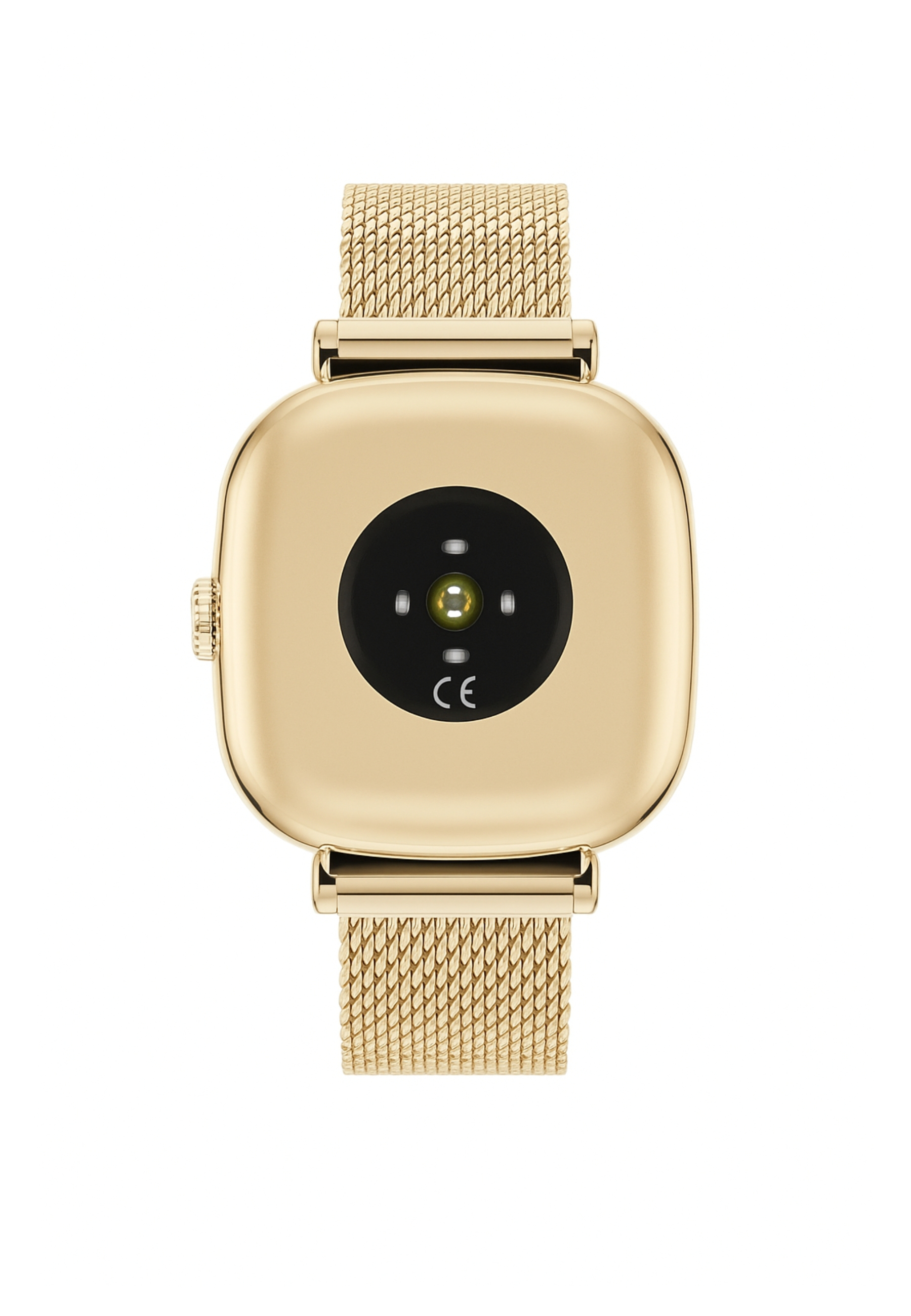 Eine goldene Smartwatch mit Mesh-Armband. Die Rückseite zeigt einen Sensor und die CE-Kennzeichnung.