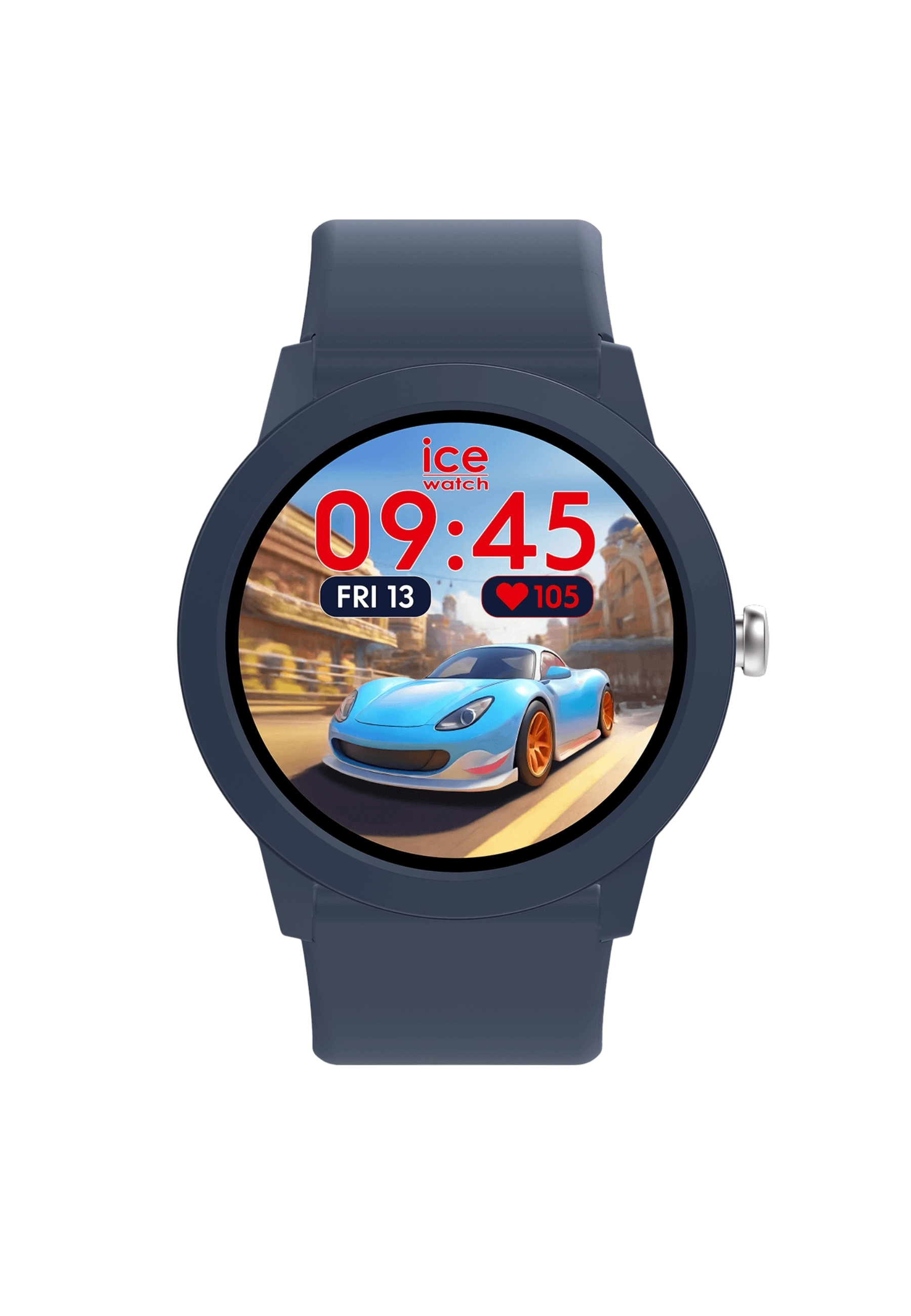 Uno smartwatch blu mostra le 09:45, venerdì 13 e un'auto sportiva. L'orologio è blu scuro.