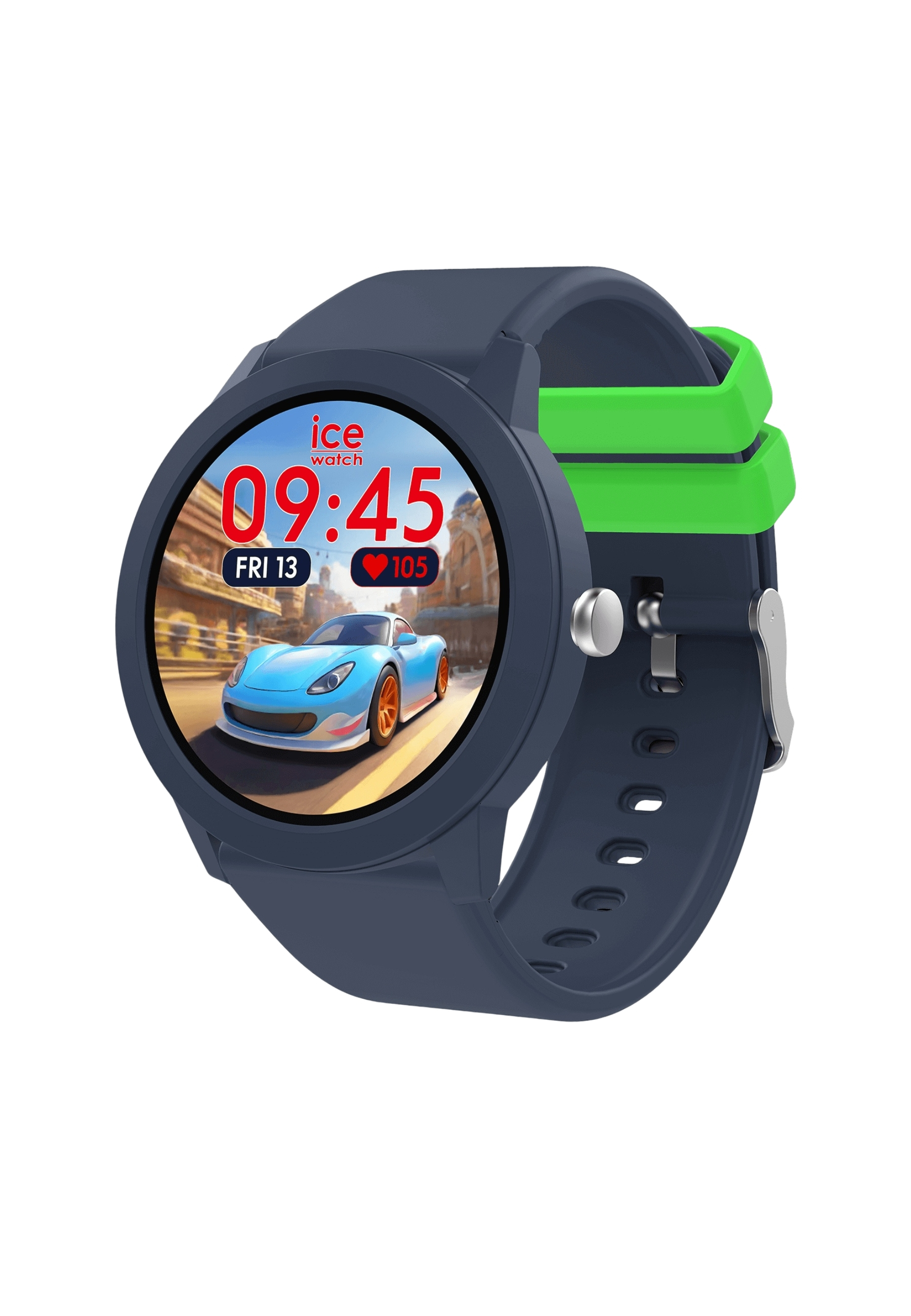 Uno smartwatch con cinturino blu e dettagli verdi. Il quadrante mostra una scena di corsa automobilistica e l'ora.