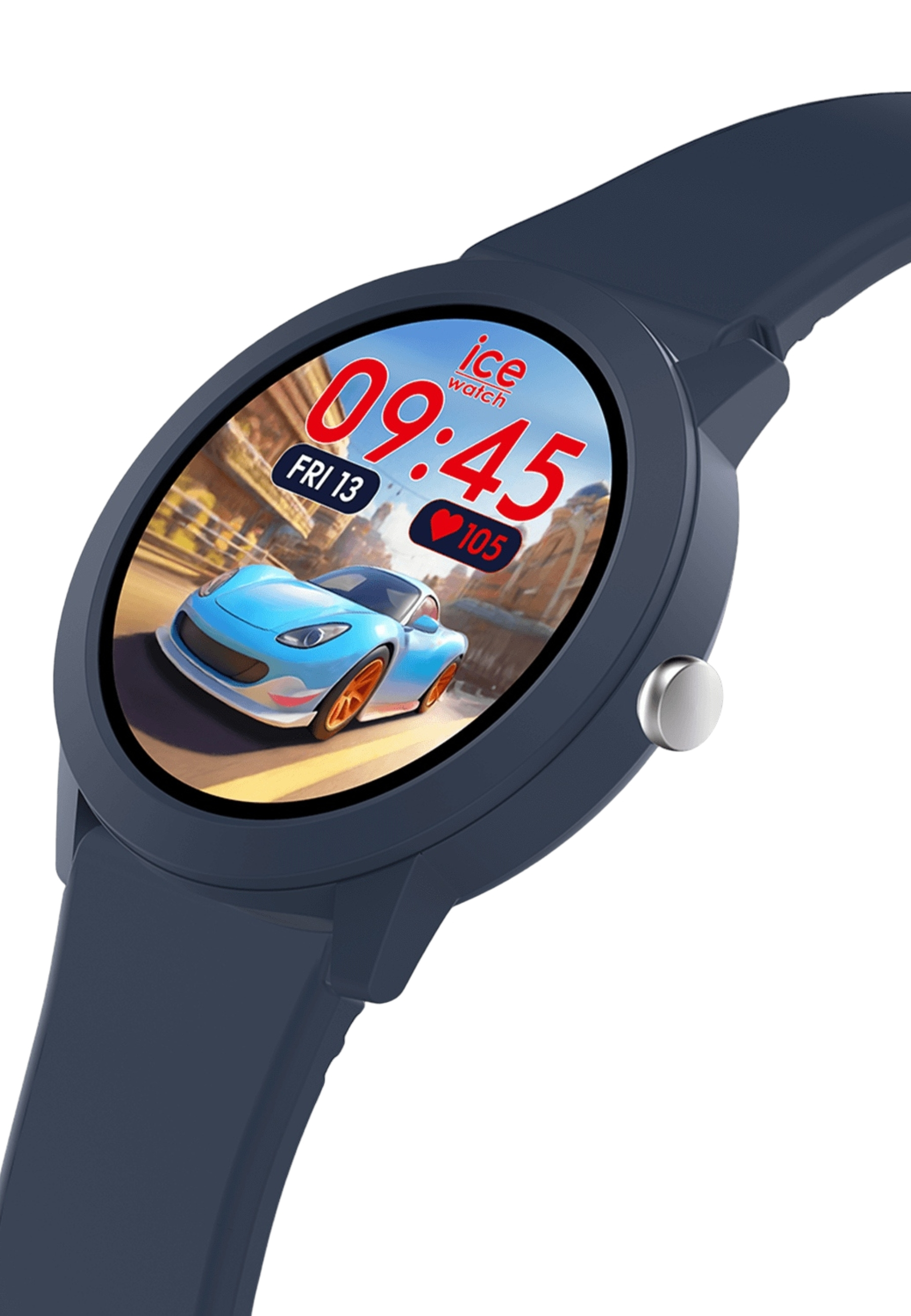 Uno smartwatch blu con un'auto sullo schermo. Mostra l'ora 09:45 e venerdì 13. L'orologio è blu navy.