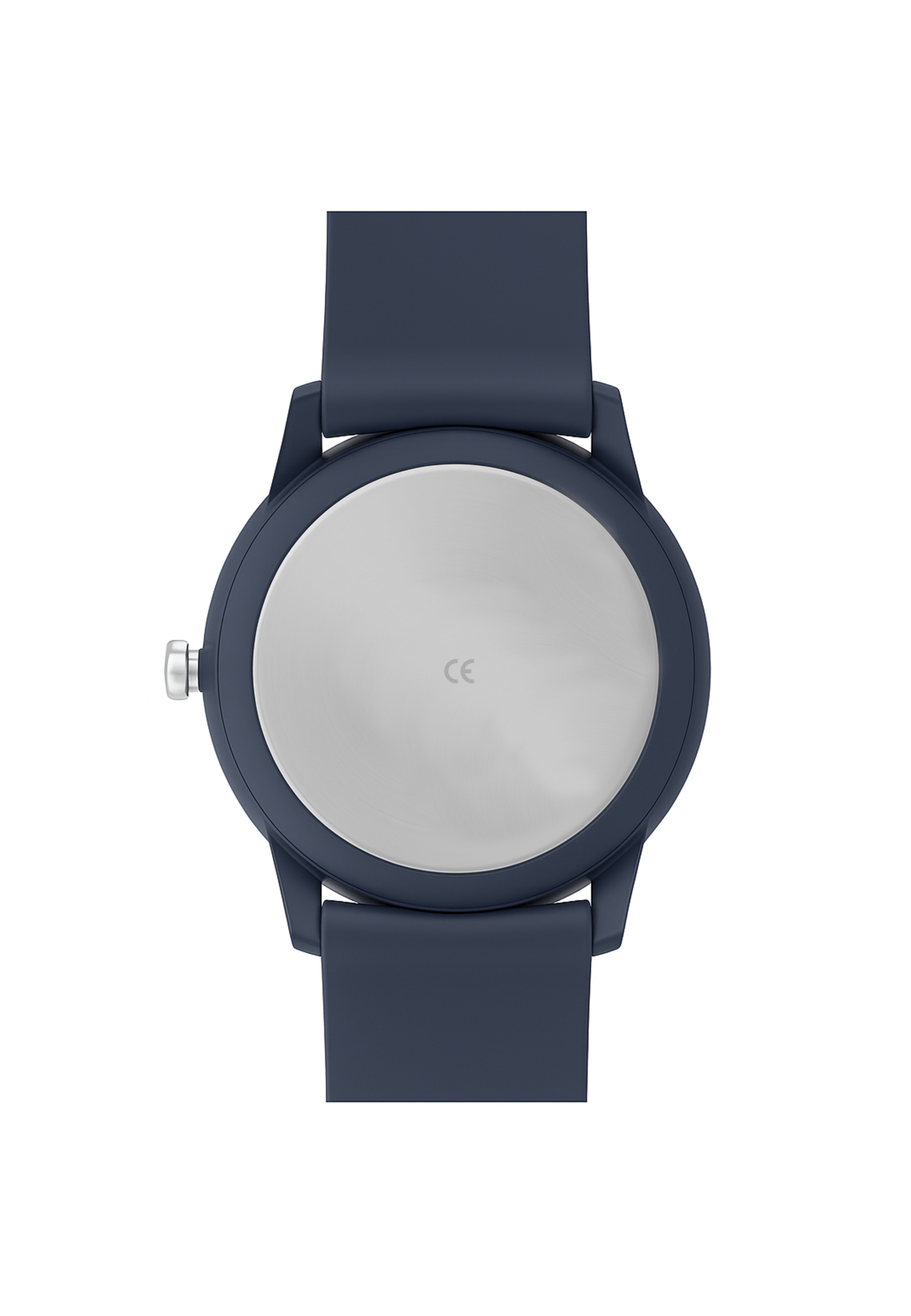 Eine dunkelblaue Armbanduhr mit silbernem Zifferblatt und dunkelblauem Armband. Die Rückseite der Uhr ist sichtbar.