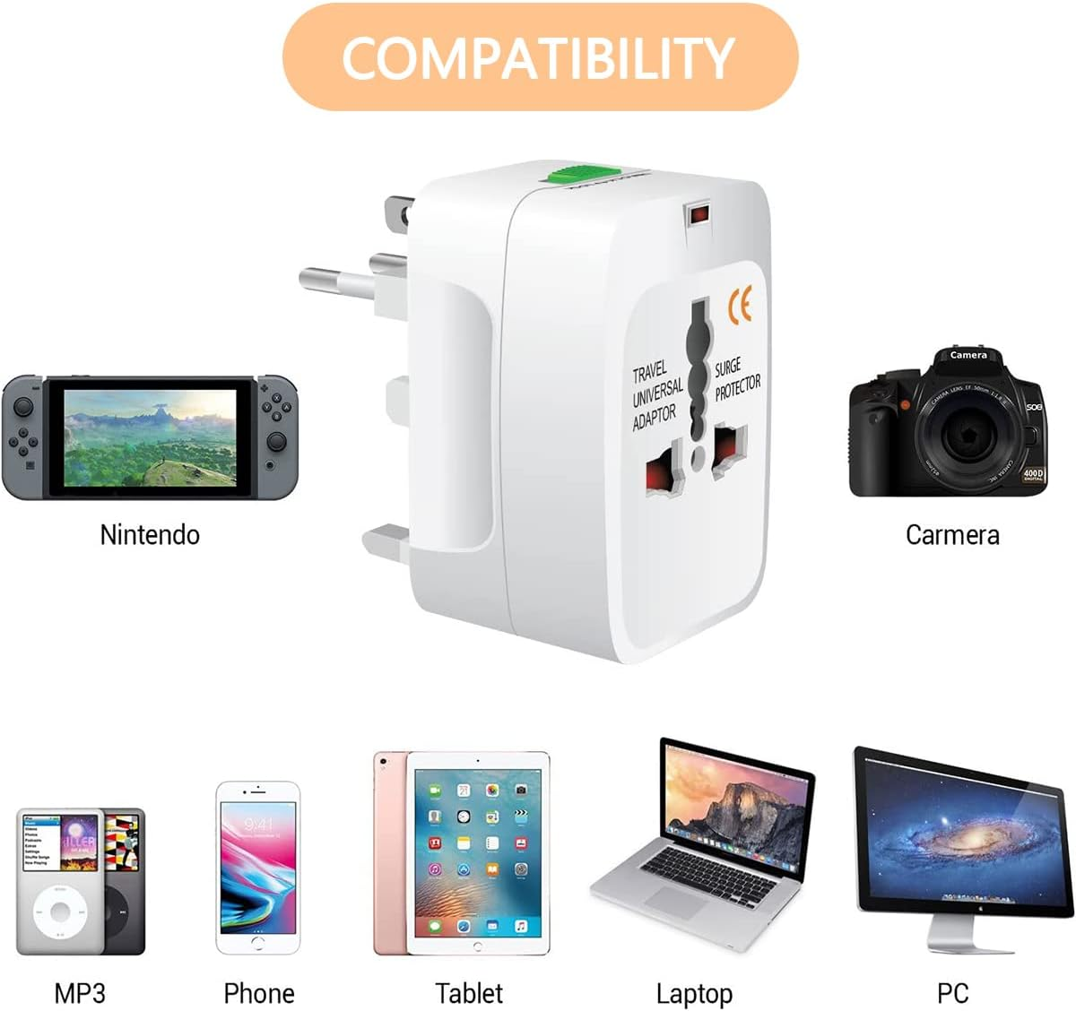 Ein weißer Universal-Reiseadapter mit Beispielen: Nintendo Switch, Kamera, MP3-Player, Telefon, Tablet, Laptop und PC.
