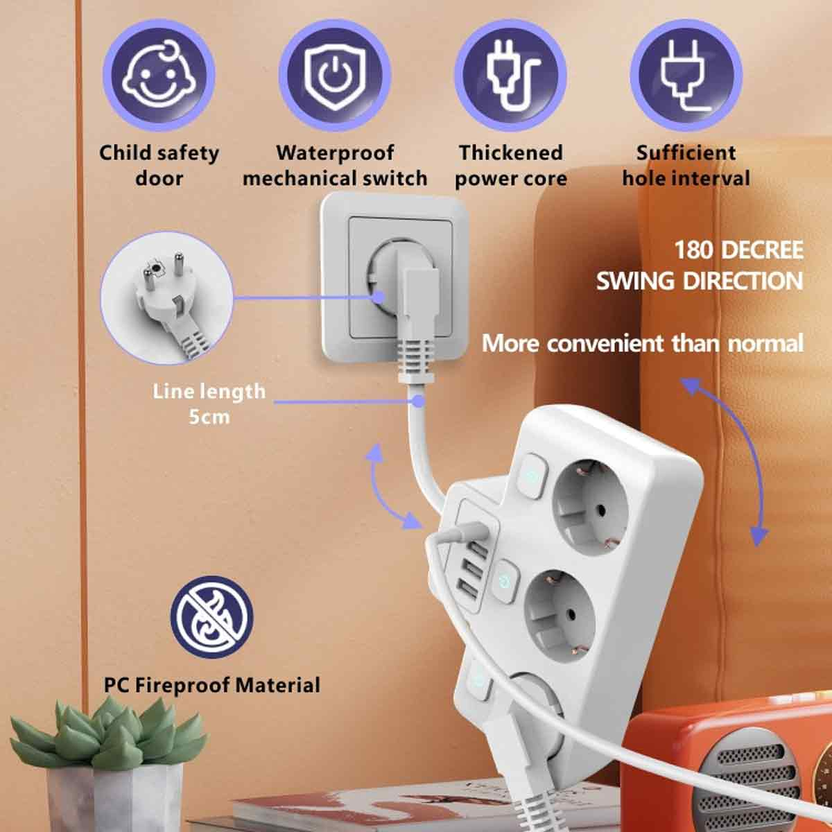 Eine Steckdose mit mehreren Steckdosen und USB-Anschlüssen. Zu den Merkmalen gehören Kindersicherheit, wasserdichter Schalter und feuerfestes Material.