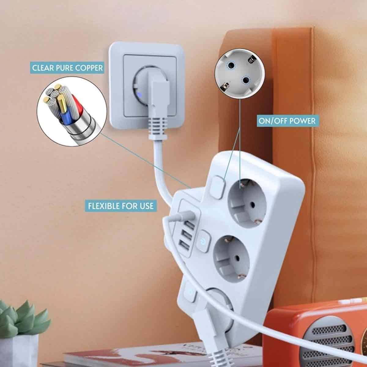 Weißes Verlängerungskabel in der Wand. Zeigt Details der inneren Kupferverkabelung. Inklusive USB-Anschlüssen und Ein/Aus-Schalter.