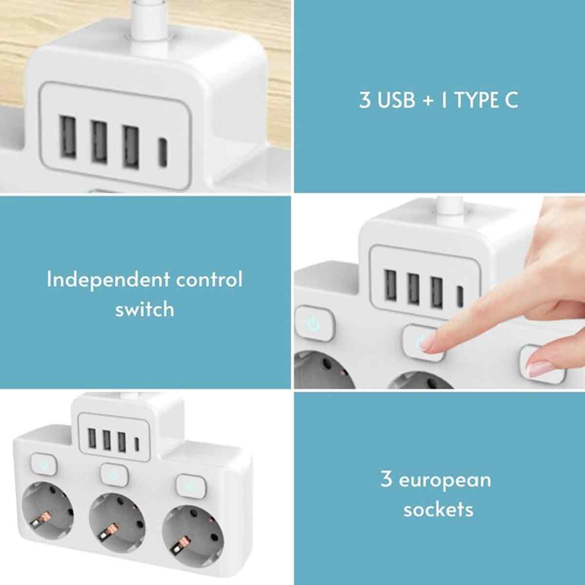 Weißer Stecker mit 3 USB, 1 Typ C, 3 Steckdosen. Verfügt über unabhängige Steuerschalter. Hand drückt eine Taste.