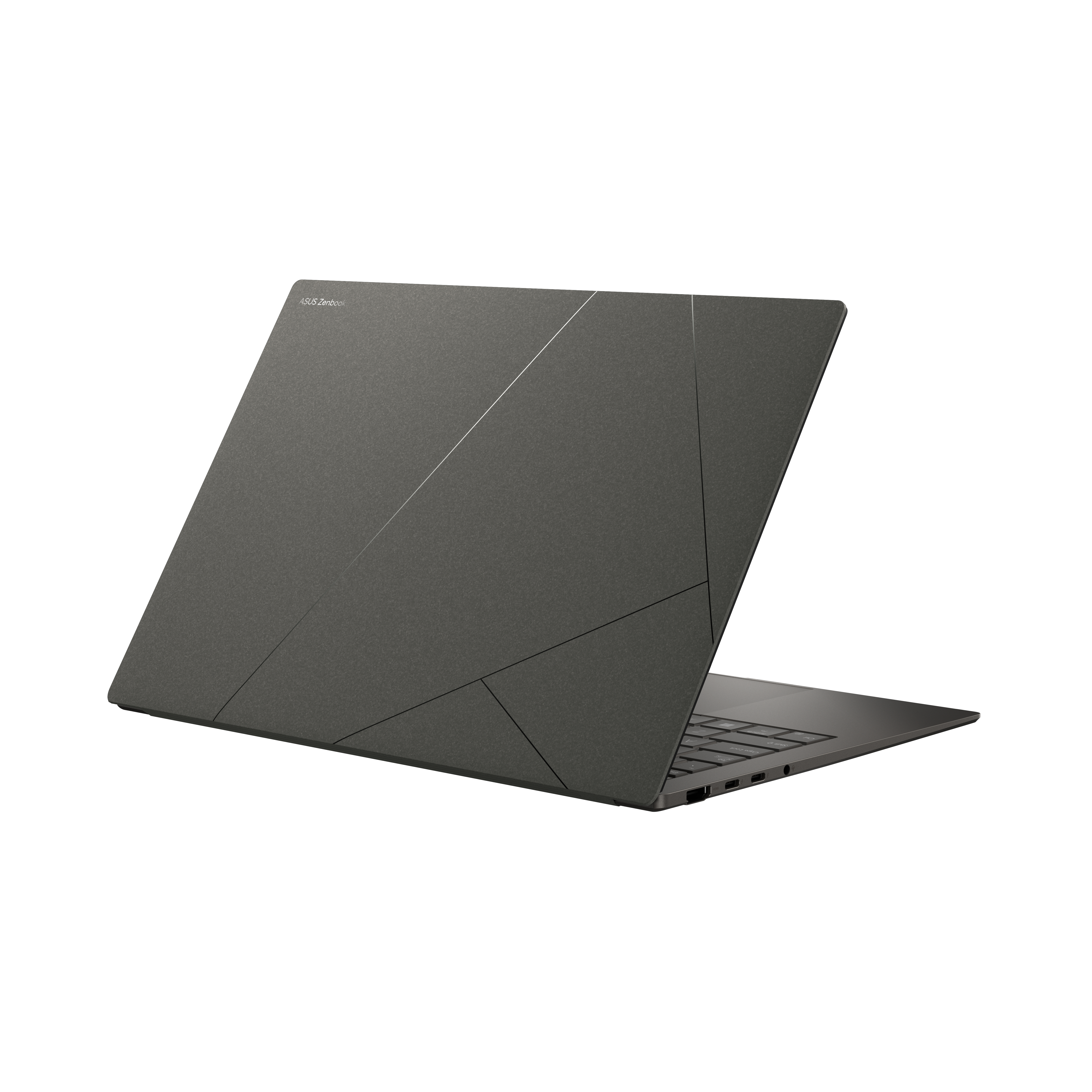 A dark gray laptop is slightly open on a white background. The laptop has the Asus Zenbook logo.