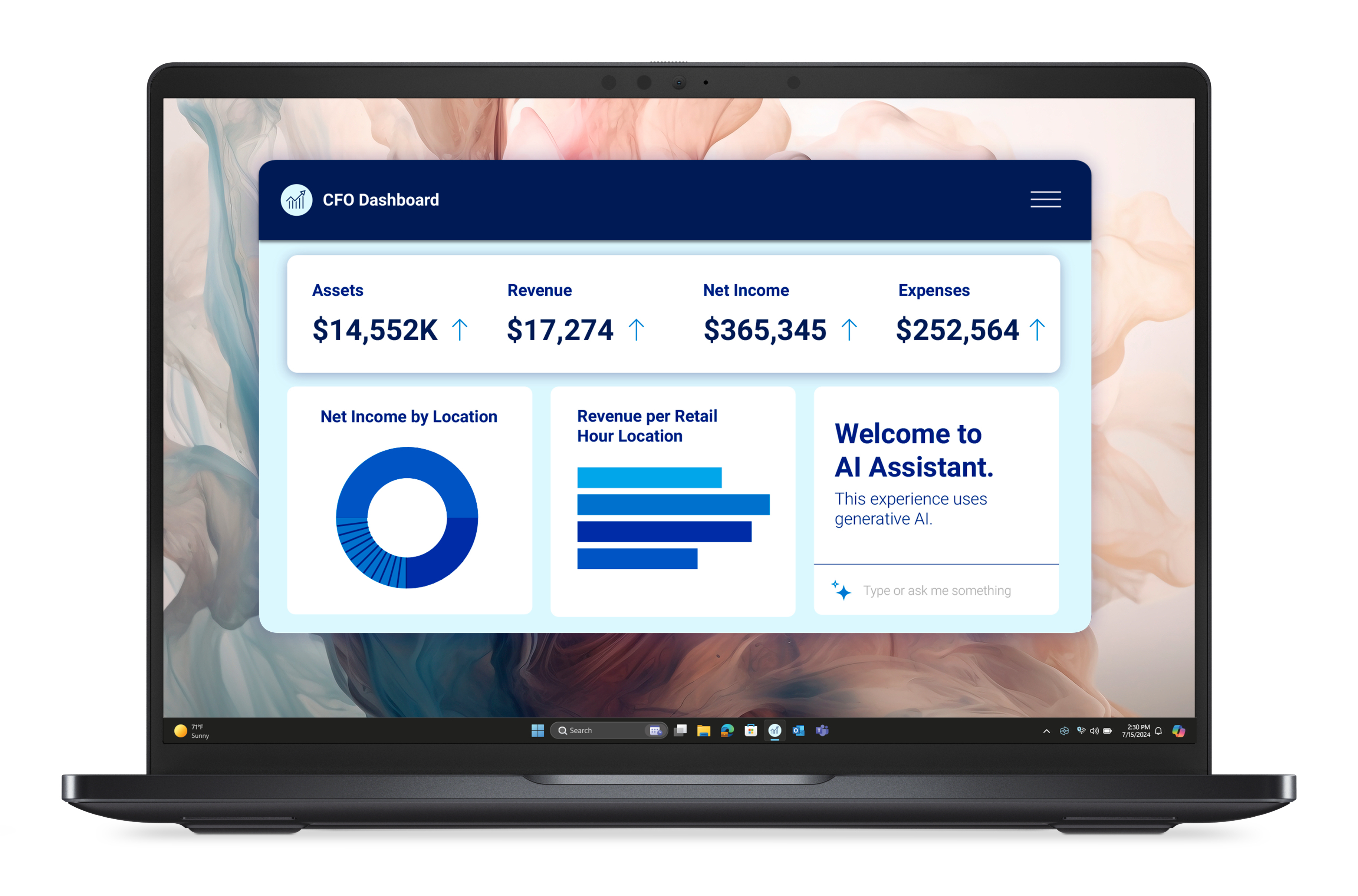 Laptop z pulpitem CFO. Wyświetla dane finansowe z wykresami: aktywa, przychody, dochód netto i wydatki.