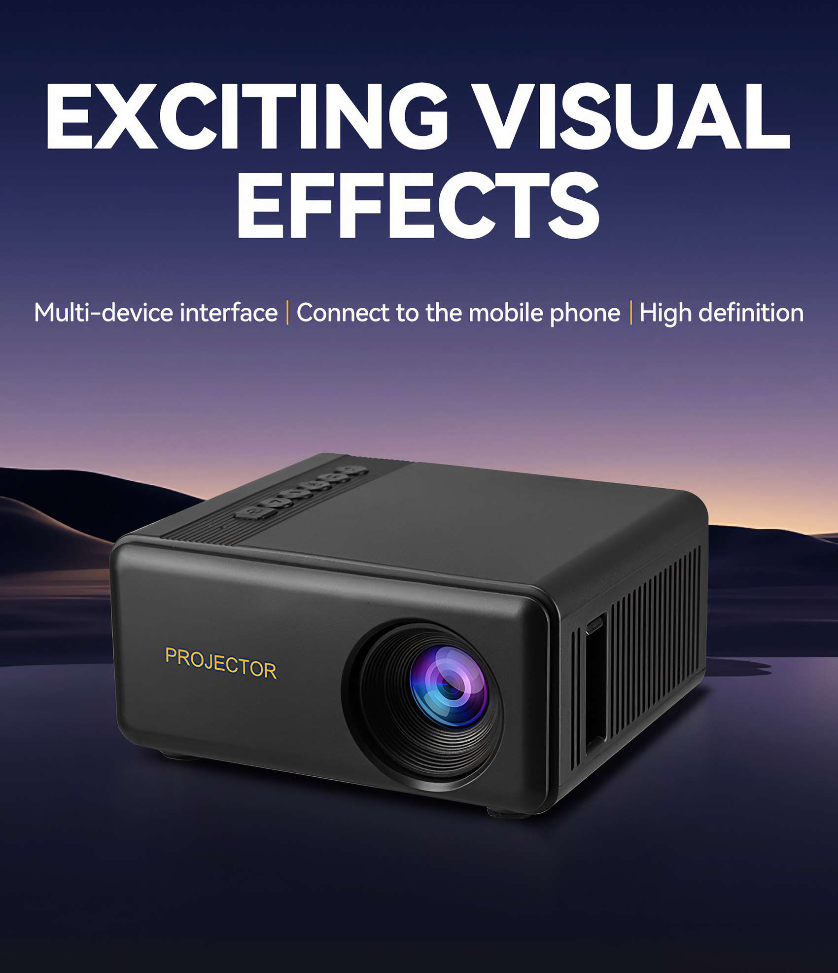 Ein schwarzer Projektor mit Objektiv, Text "EXCITING VISUAL EFFECTS" und Produktdetails.