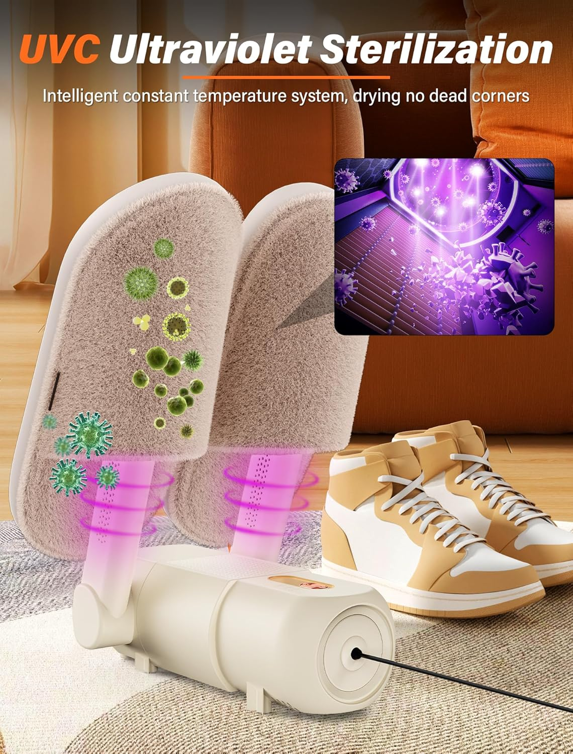 UVC-Sterilisationssystem mit Schuhen und Pantoffeln, die sterilisiert werden. Eine Maschine emittiert UV-Licht mit einem Diagramm des Virus.