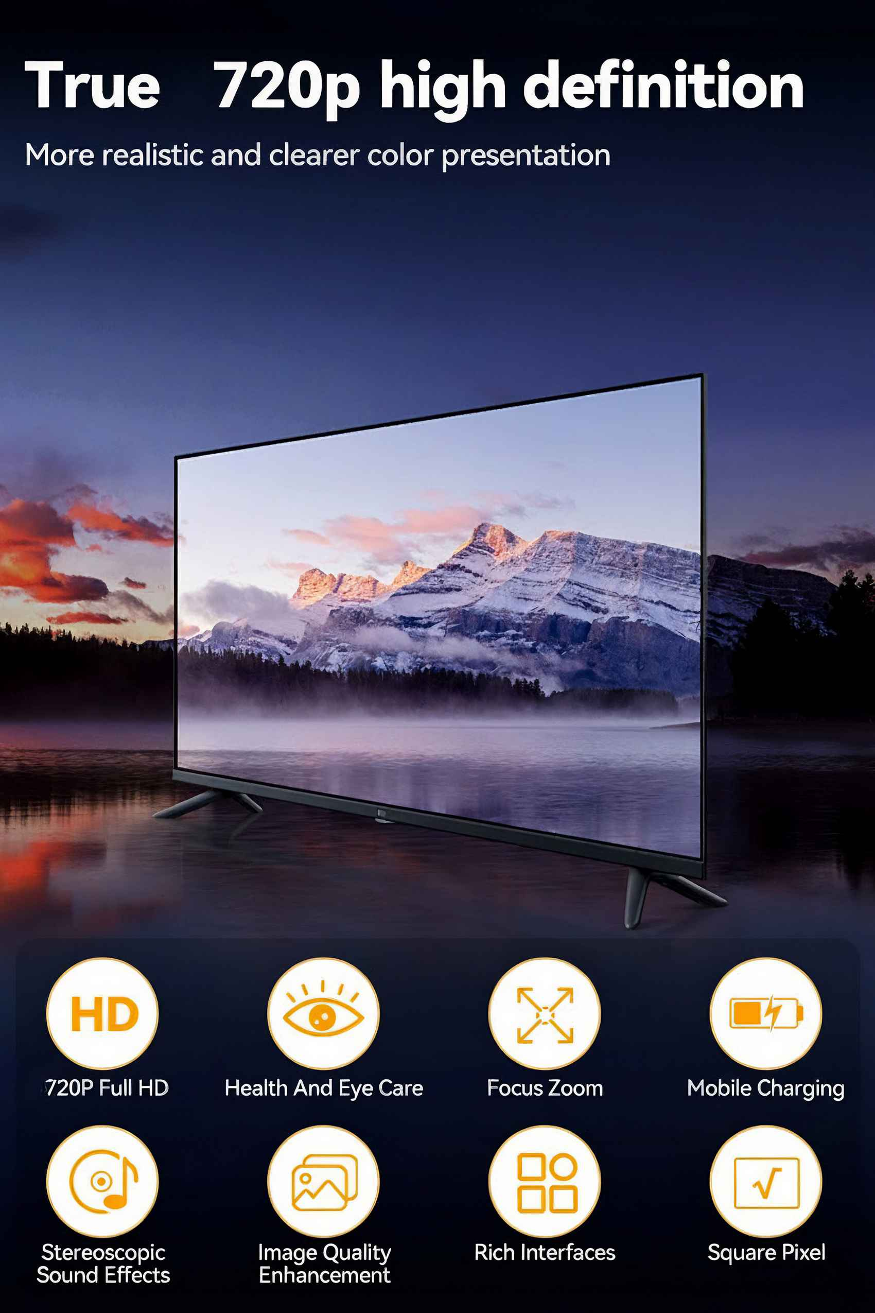 Ein Fernsehbildschirm zeigt eine Bergseeszene. Symbole darunter zeigen Funktionen: HD, Augenschutz, Zoom, Aufladen usw.
