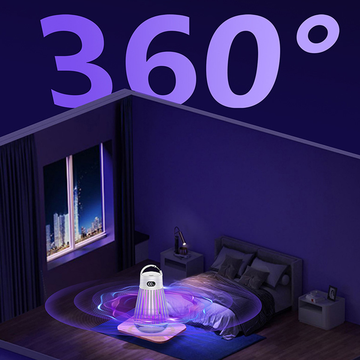Schlafzimmer mit Moskitofalle, die violettes Licht aussendet. Eine Stadt ist durch das Fenster sichtbar. Der Text '360°' steht oben.