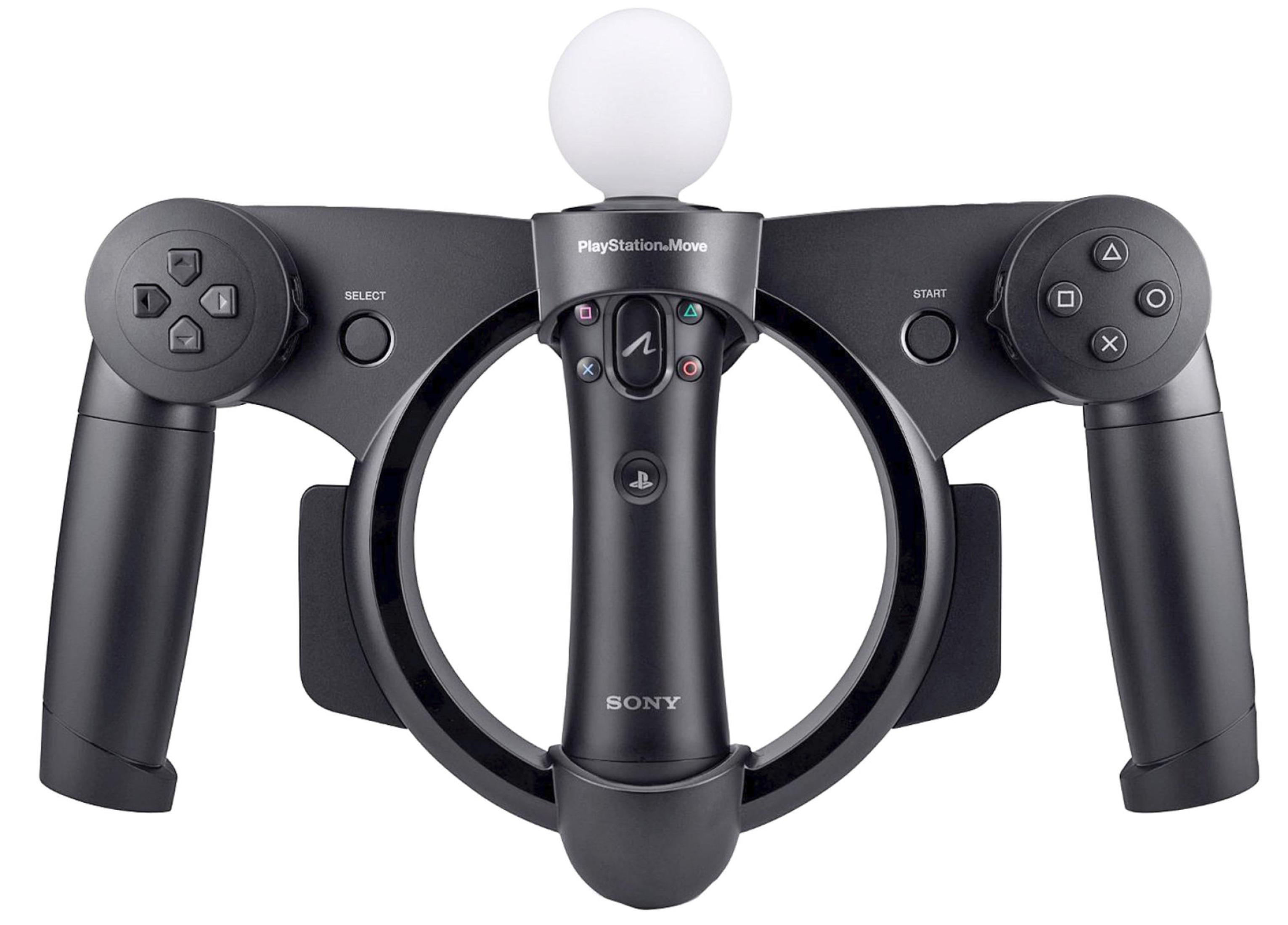 Schwarzer PlayStation Move-Controller mit weißer Kugel oben. Verfügt über Knöpfe, einen Ring und Sony-Branding.