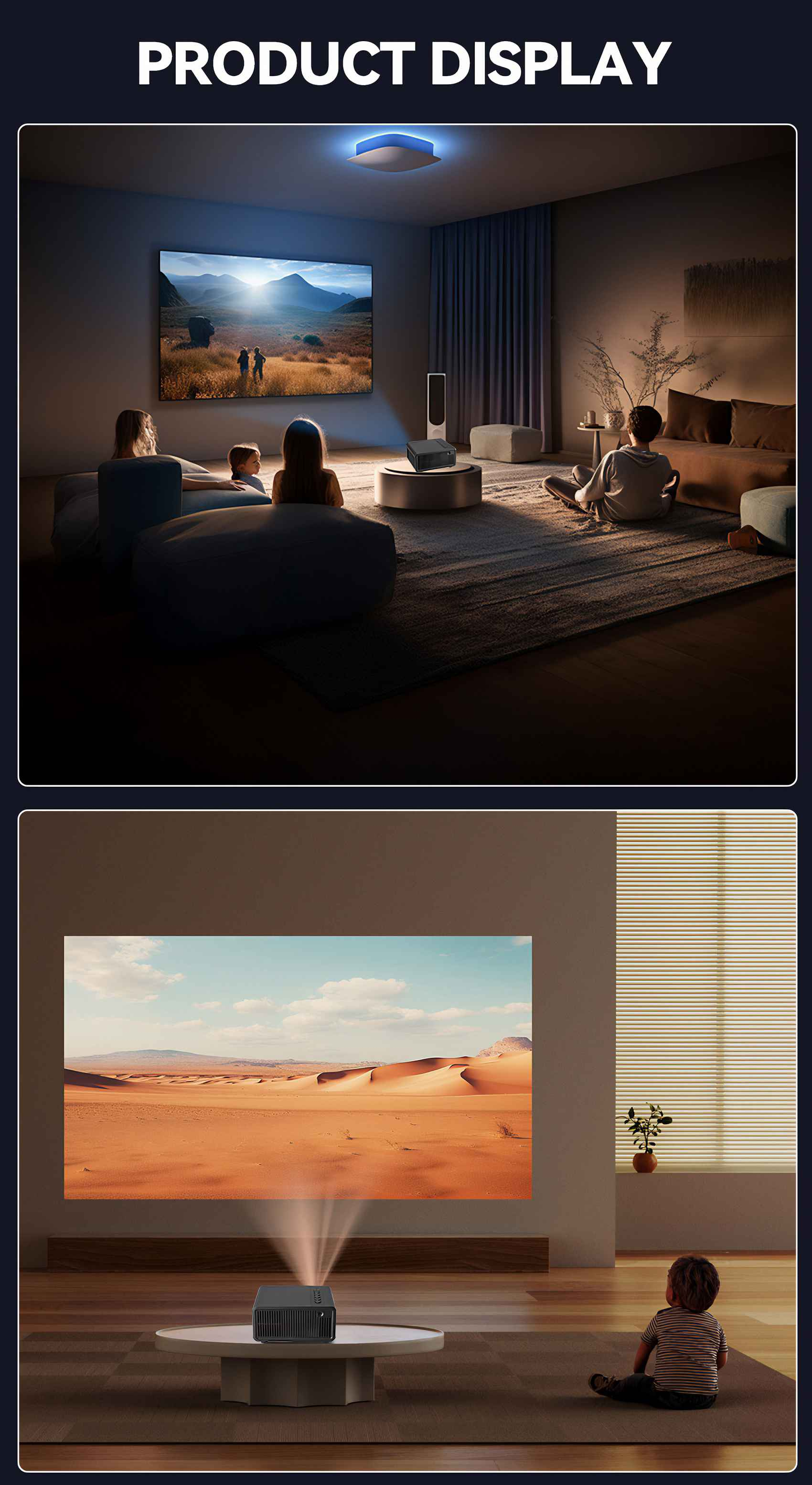 Ein Projektor zeigt eine Wüstenlandschaft. Eine Familie schaut in einem Wohnzimmer einen Film. Ein Kind sitzt auf dem Boden.