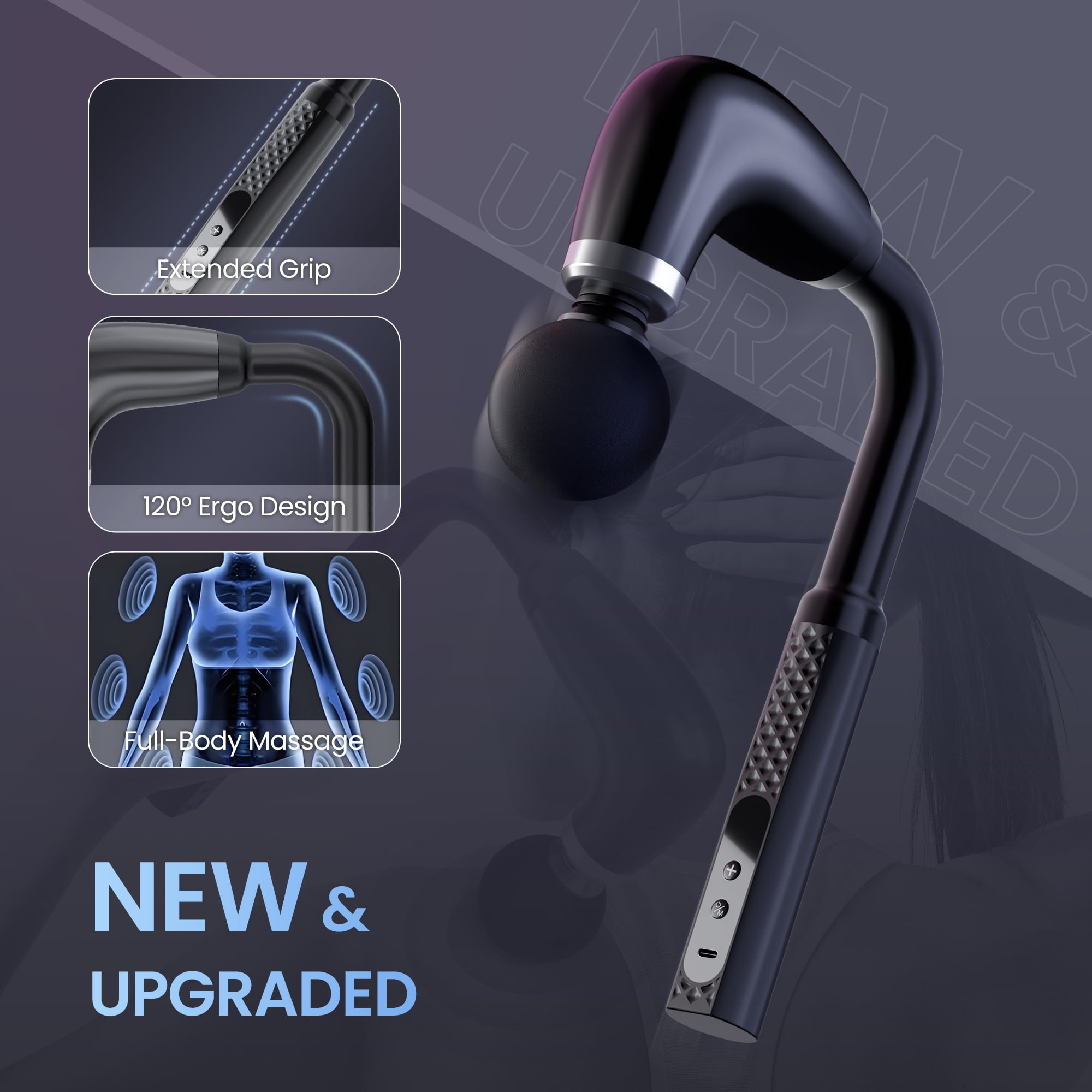 Ein schwarzes Massagegerät. Zu den Merkmalen gehören ein verlängerter Griff, ein ergonomisches 120°-Design und Ganzkörpermassage. Der Text lautet 'NEU & UPGRADED'.