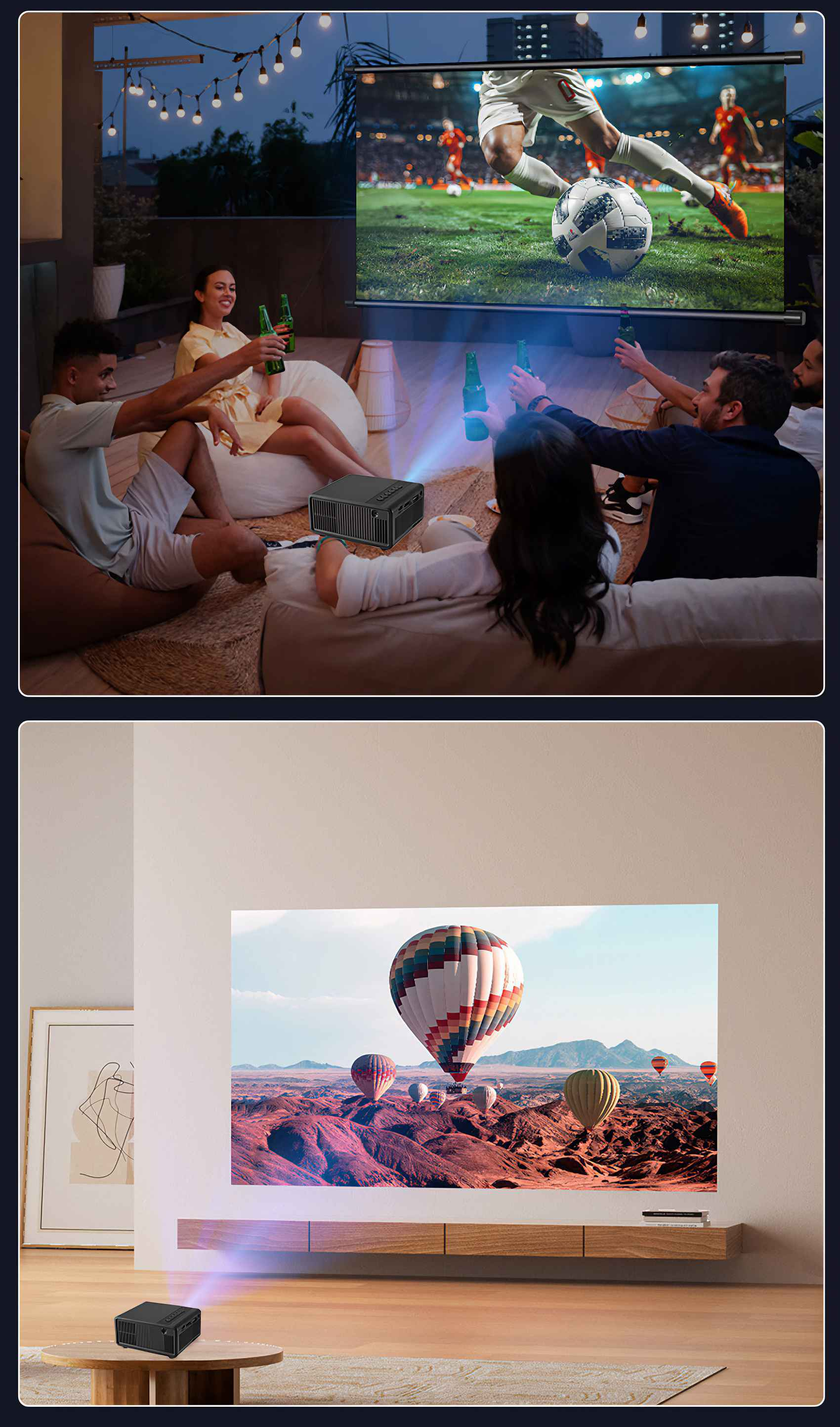 Leute schauen ein Fußballspiel auf einem Bildschirm. Im Hintergrund werden Heißluftballons auf einem anderen Bildschirm angezeigt.