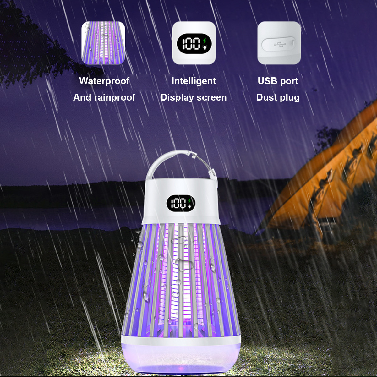 Eine weiße und lila Mückenvernichter-Lampe im Regen. Sie hat einen Bildschirm und einen USB-Anschluss. Im Hintergrund ist ein Zelt.
