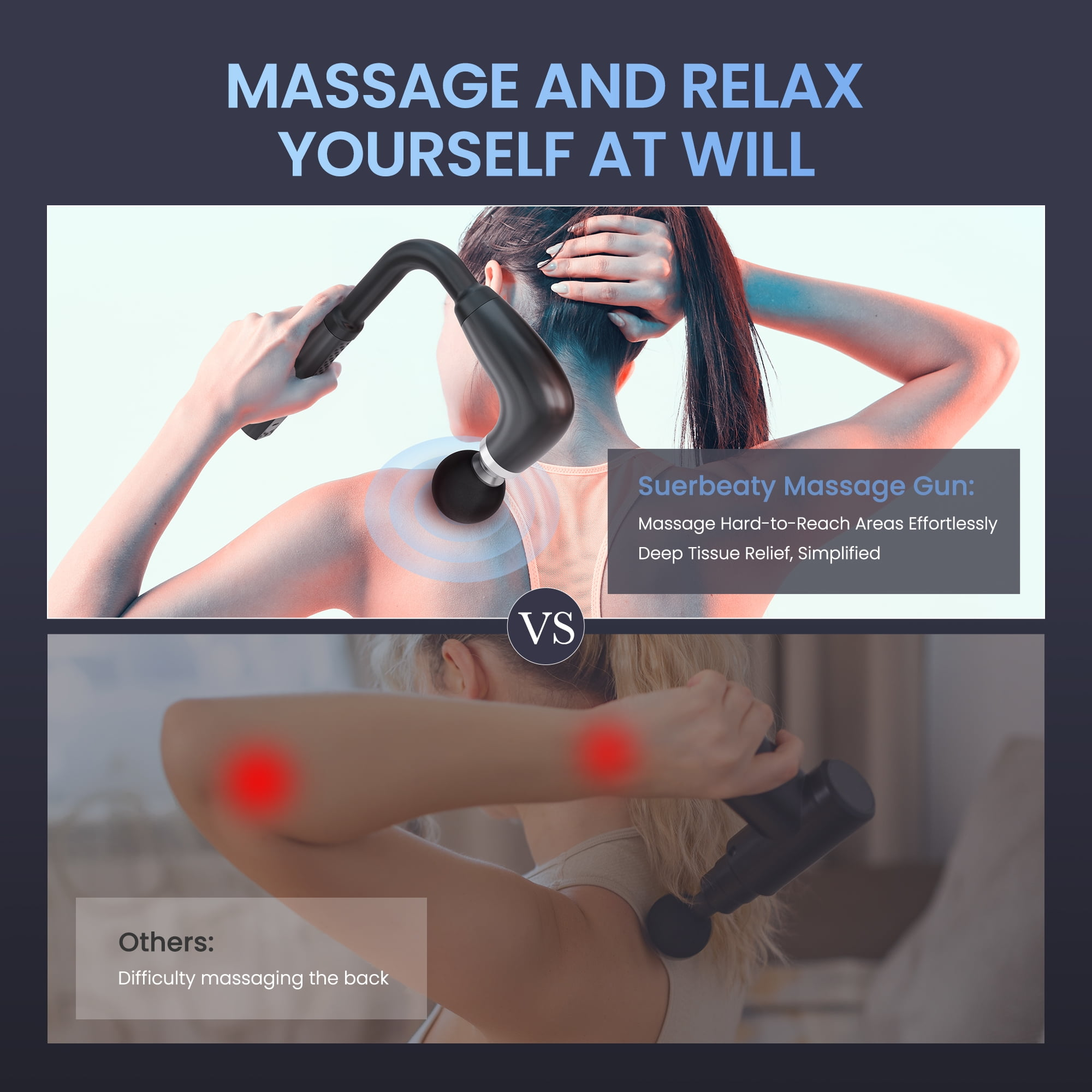 Das Bild vergleicht die Verwendung einer Massagepistole am Rücken mit anderen. Die Pistole hilft, schwer zugängliche Bereiche zu erreichen.