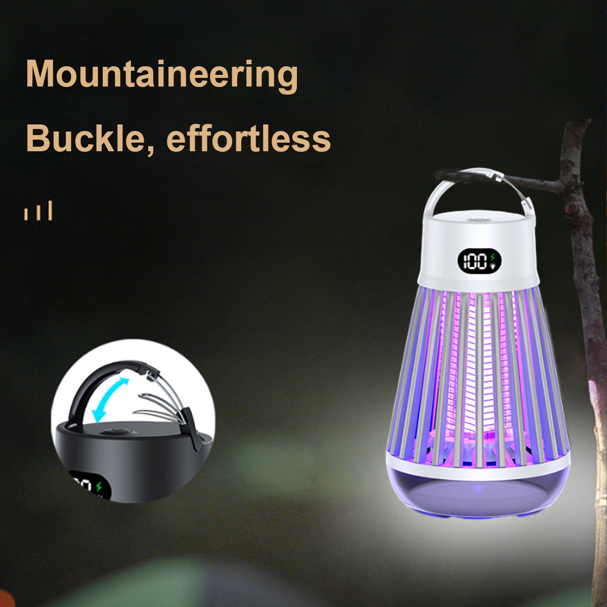 Eine Campinglampe mit Griff. Sie hat eine Digitalanzeige mit 100 %. Auf der linken Seite befindet sich ein Schnallendesign. Der Hintergrund ist dunkel.