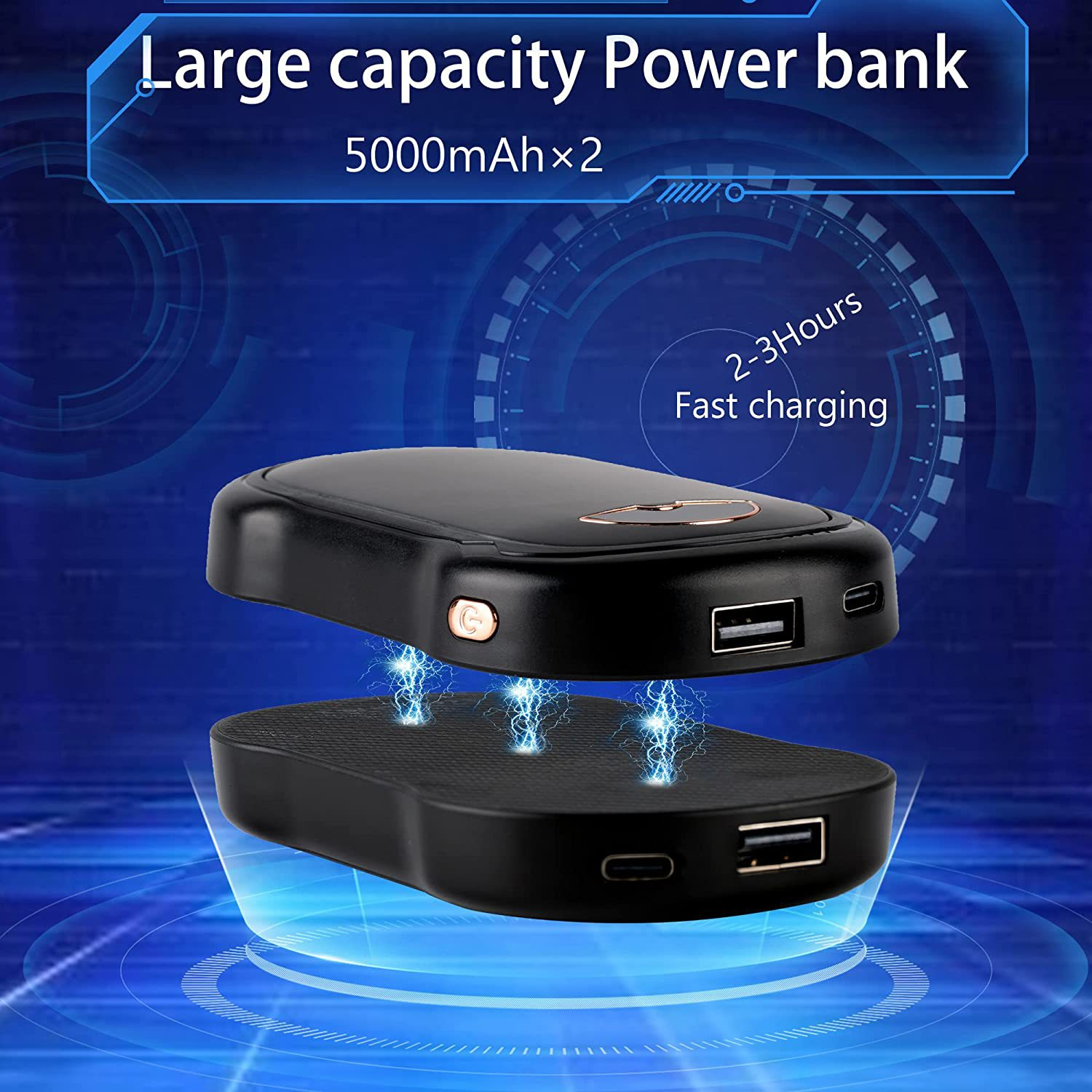Schwarze Powerbank mit USB-Anschlüssen, über einer Ladestation. Text hebt Kapazität, Schnellladung und Ladezeit hervor.