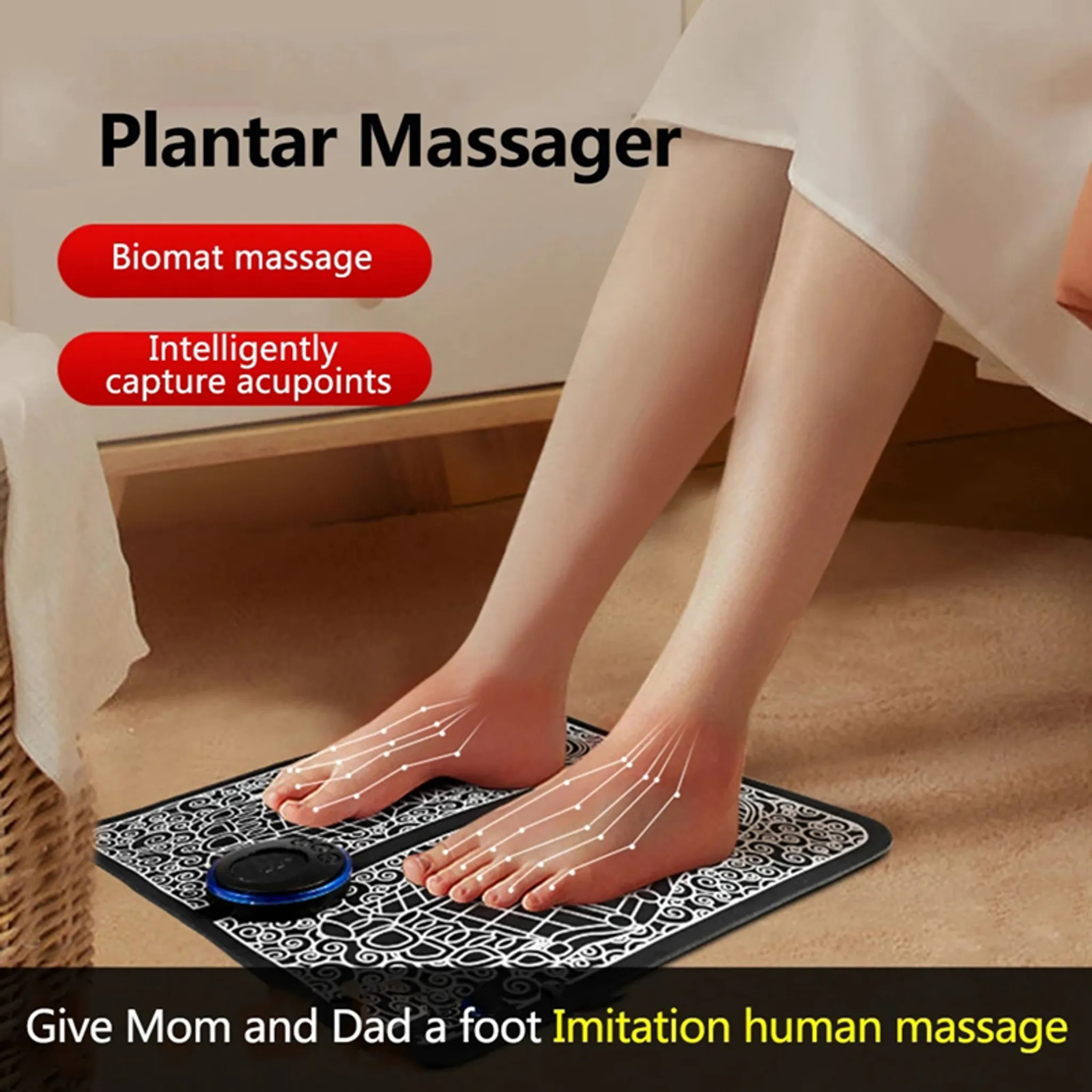 Füße einer Person auf einem Fußmassagegerät. Weiße Linien heben Akupressurpunkte hervor. Text: 'Plantar Massager' und 'Imitation human massage'.