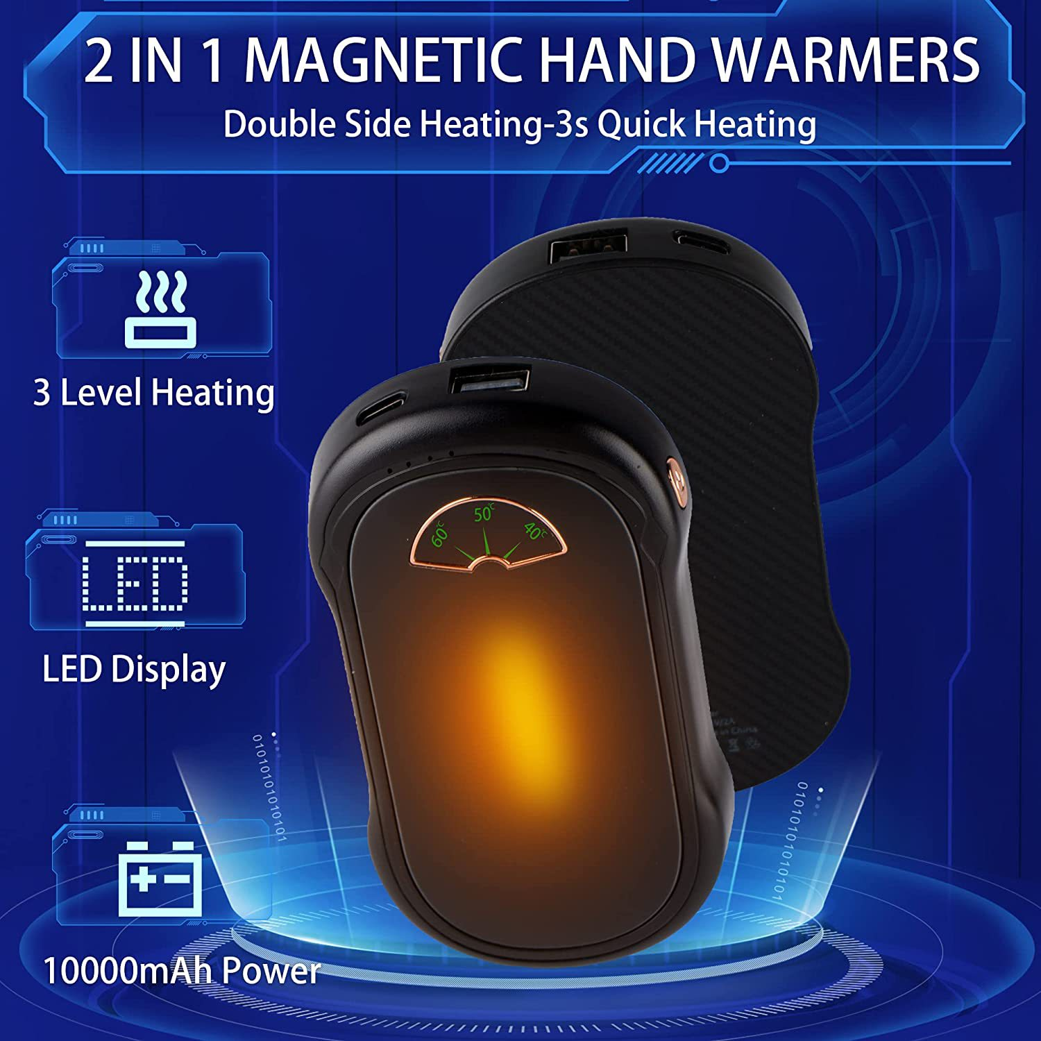 Das Bild zeigt magnetische Handwärmer mit 3 Heizstufen und LED-Anzeige. Es hat 10000mAh Leistung. Text: 2 in 1 Magnetische Handwärmer.