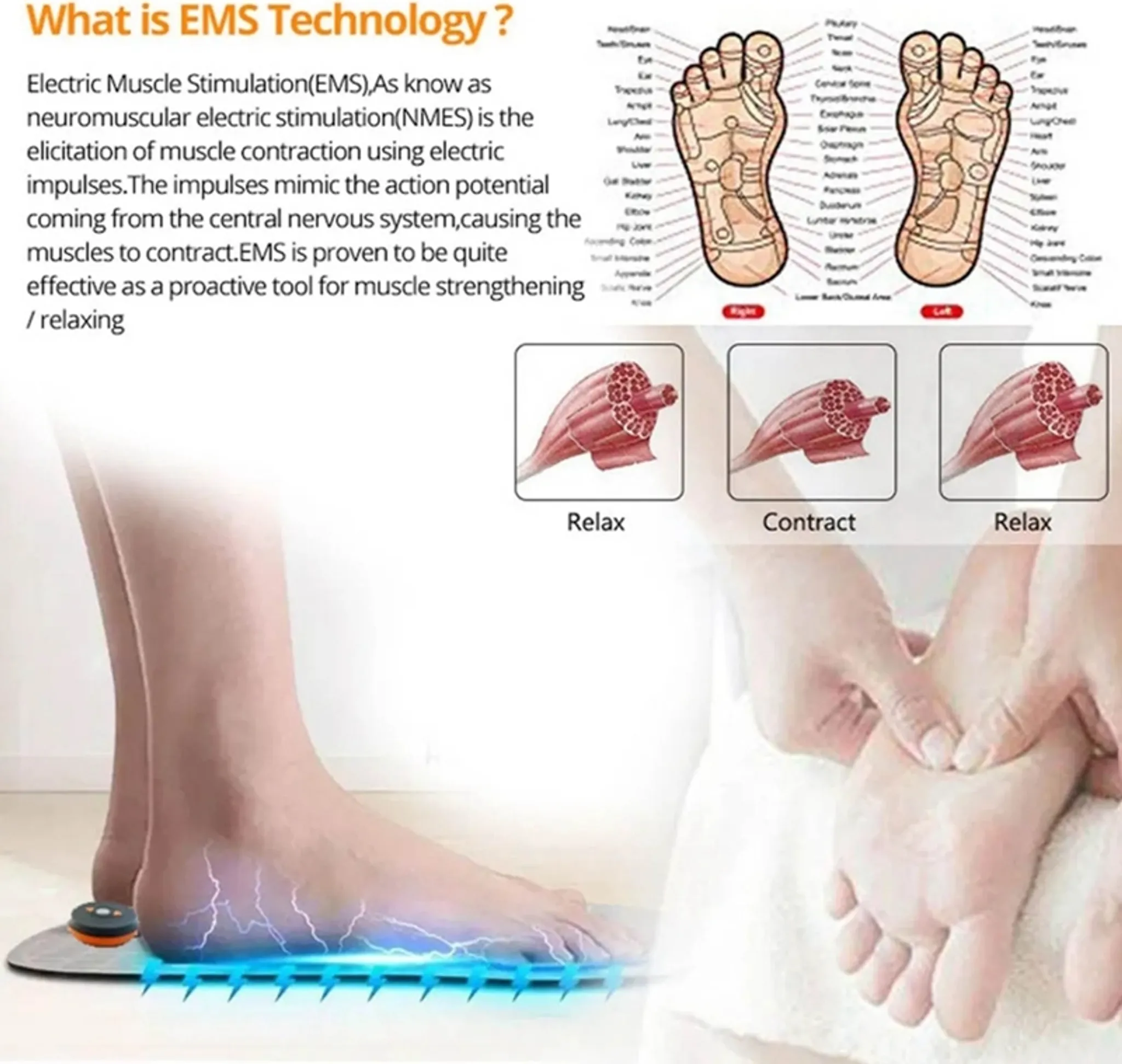 Das Bild zeigt EMS-Technologie mit einem Fuß auf dem Gerät. Fußdiagramme und Muskeldiagramme sind ebenfalls vorhanden.