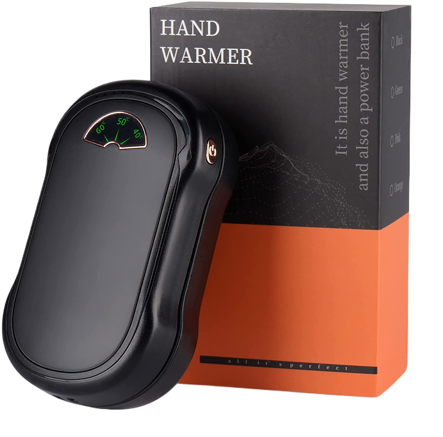 Schwarzer Handwärmer mit Temperaturanzeige. Schwarze und orangefarbene Box im Hintergrund, die besagt, dass es sich um eine Powerbank handelt.