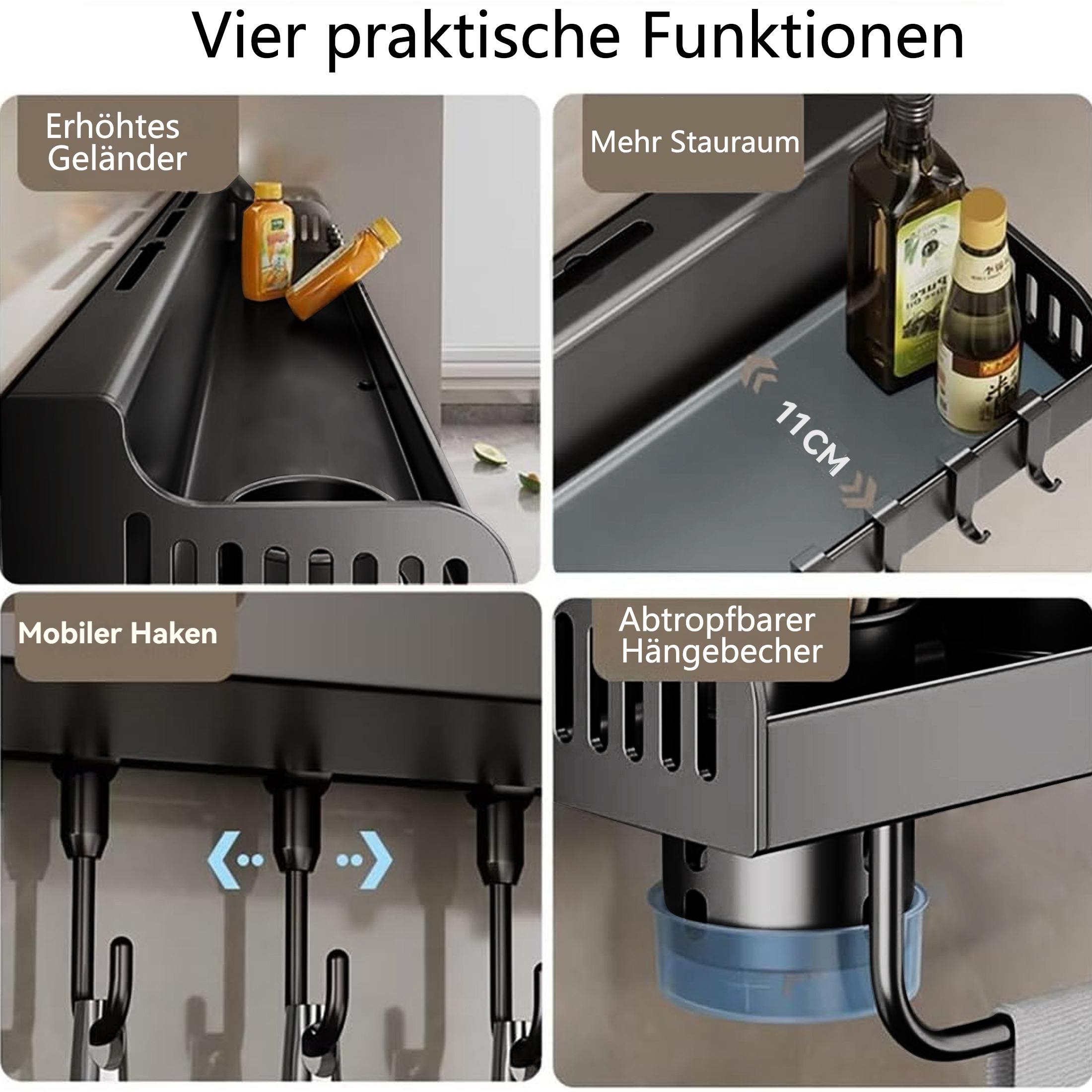 Schwarzes Küchenregal mit vier Funktionen: erhöhter Rand, extra Stauraum, mobile Haken und eine Abtropfschale. Gläser und Flaschen vorhanden.