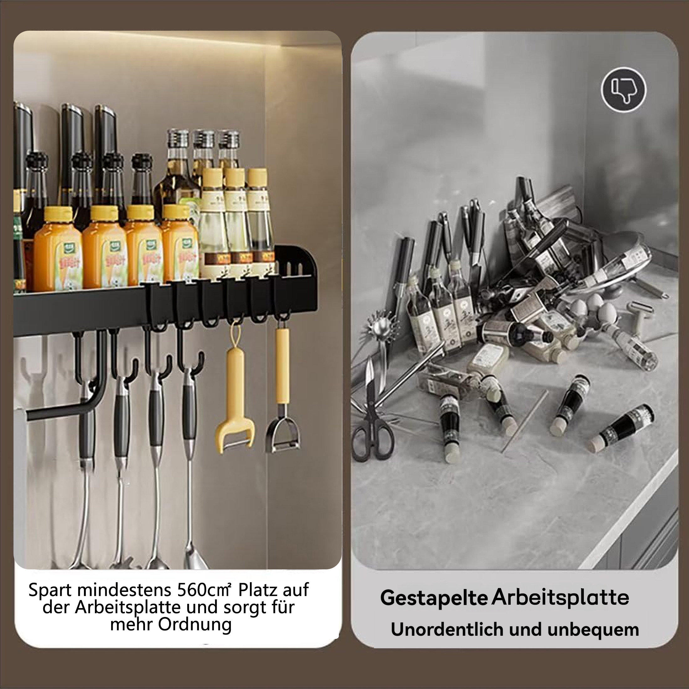 Eine Küchenszene zeigt ein sauberes Regal mit Gewürzen und Utensilien, im Gegensatz zu einer unordentlichen Theke.