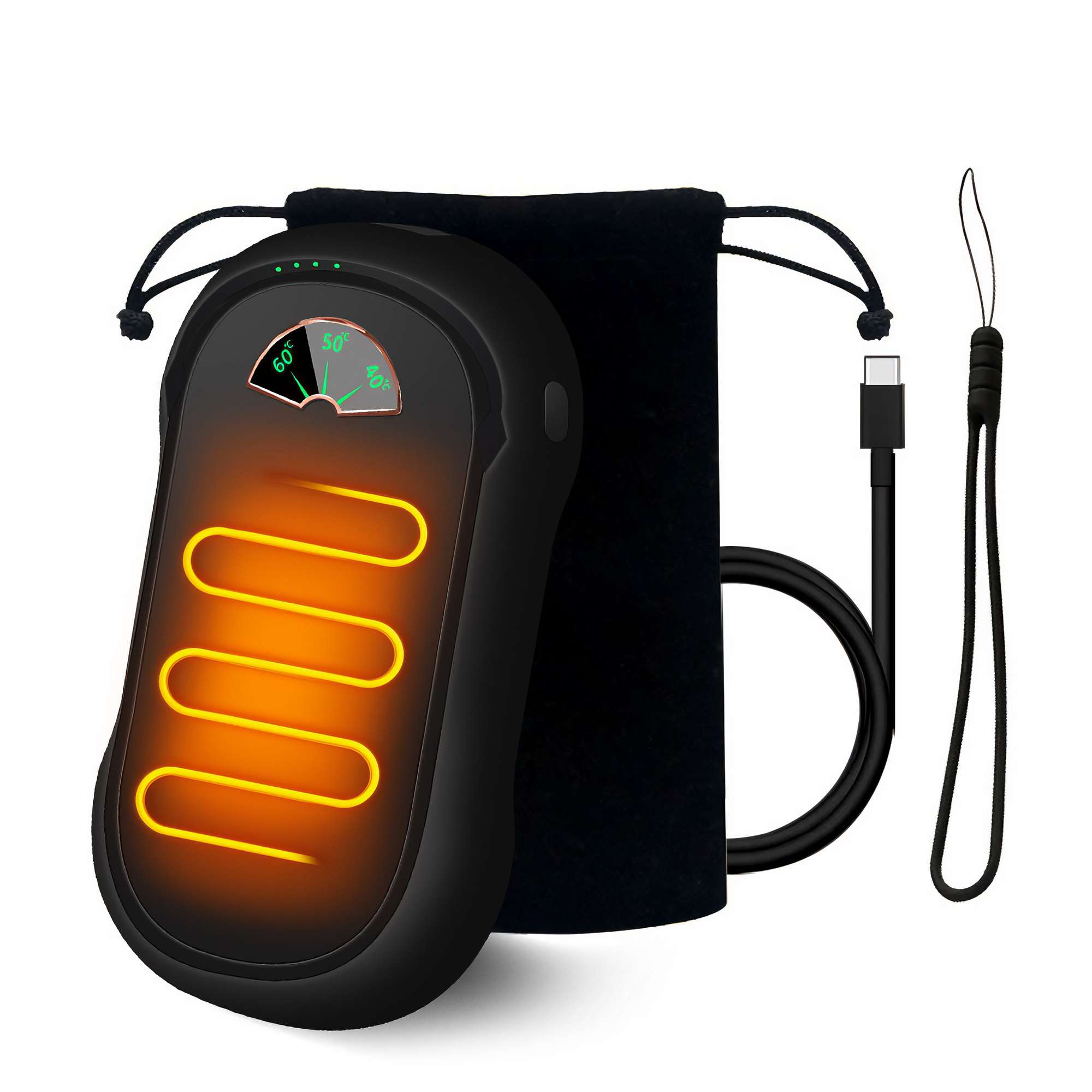 Schwarzer Handwärmer mit Temperaturanzeige. Mit USB-C-Kabel, schwarzem Beutel und Handschlaufe. Glühendes Heizelement.
