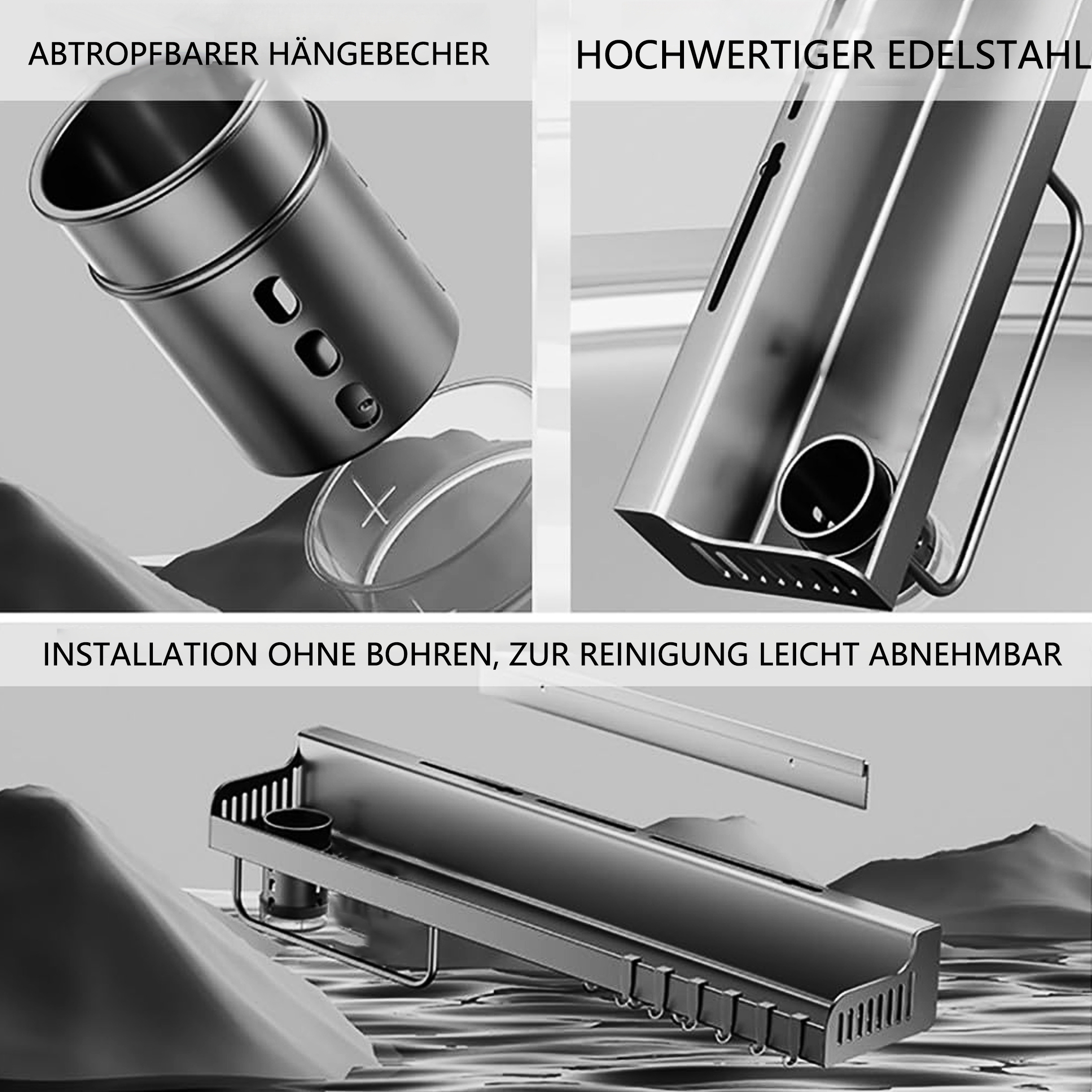 Edelstahl-Badezimmerregal-Set. Enthält einen Becher, ein Regal mit Haken und einen Halter. Alle Artikel sind metallgrau.