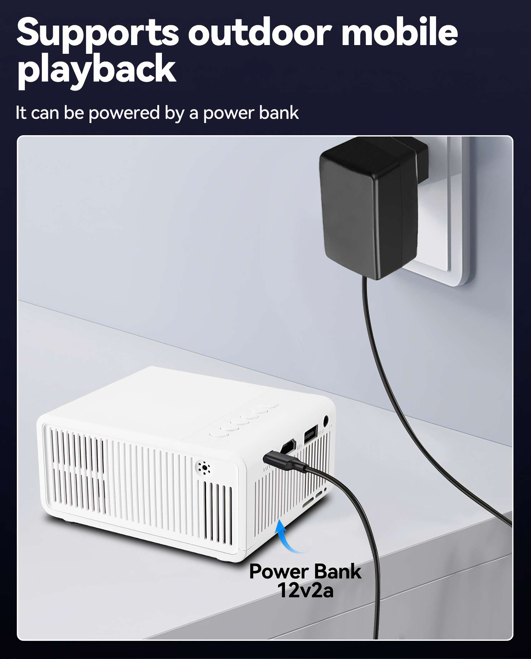 Ein weißer Projektor ist mit einem Netzteil verbunden. Das Netzteil ist an eine Steckdose angeschlossen.