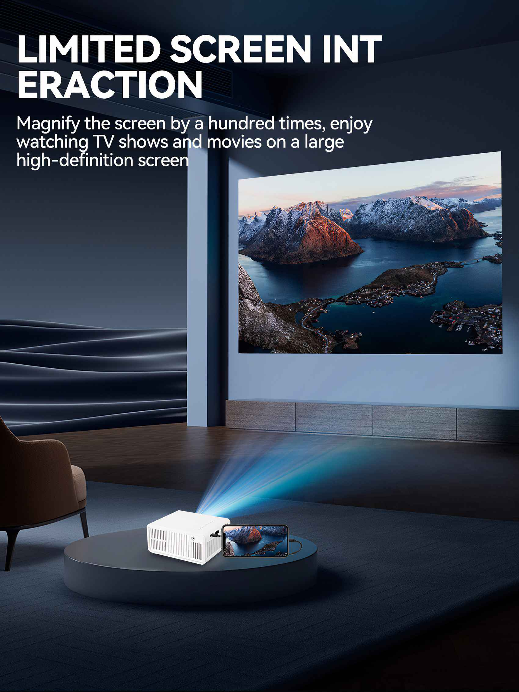 Ein Projektor zeigt ein Bild an der Wand an. Ein Telefon ist mit dem Projektor verbunden. Text: LIMITED SCREEN INTERACTION.