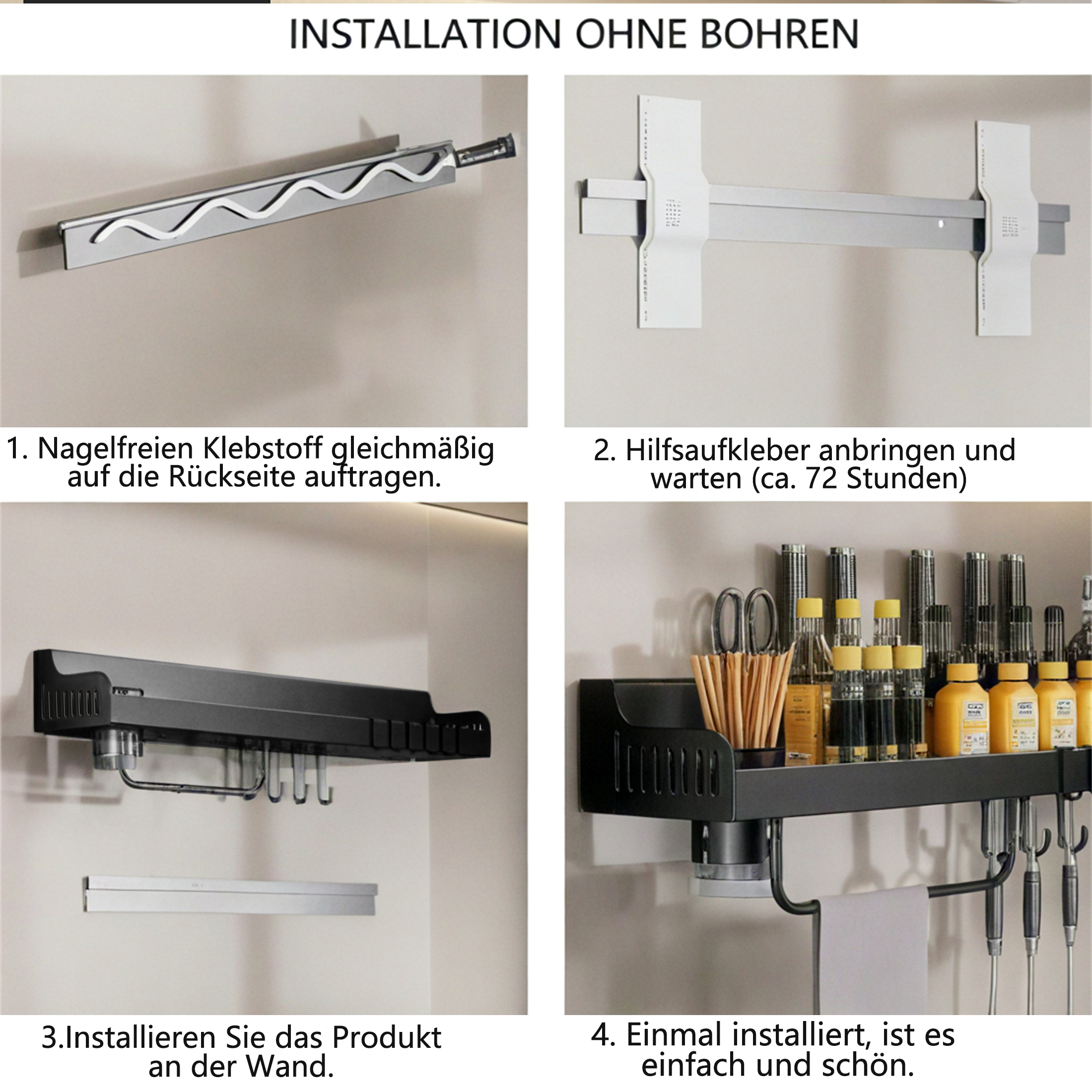 Installationsanleitung in vier Schritten, die die bohrfreie Installation zeigt. Inklusive Klebstoffauftrag und Produktinstallation.