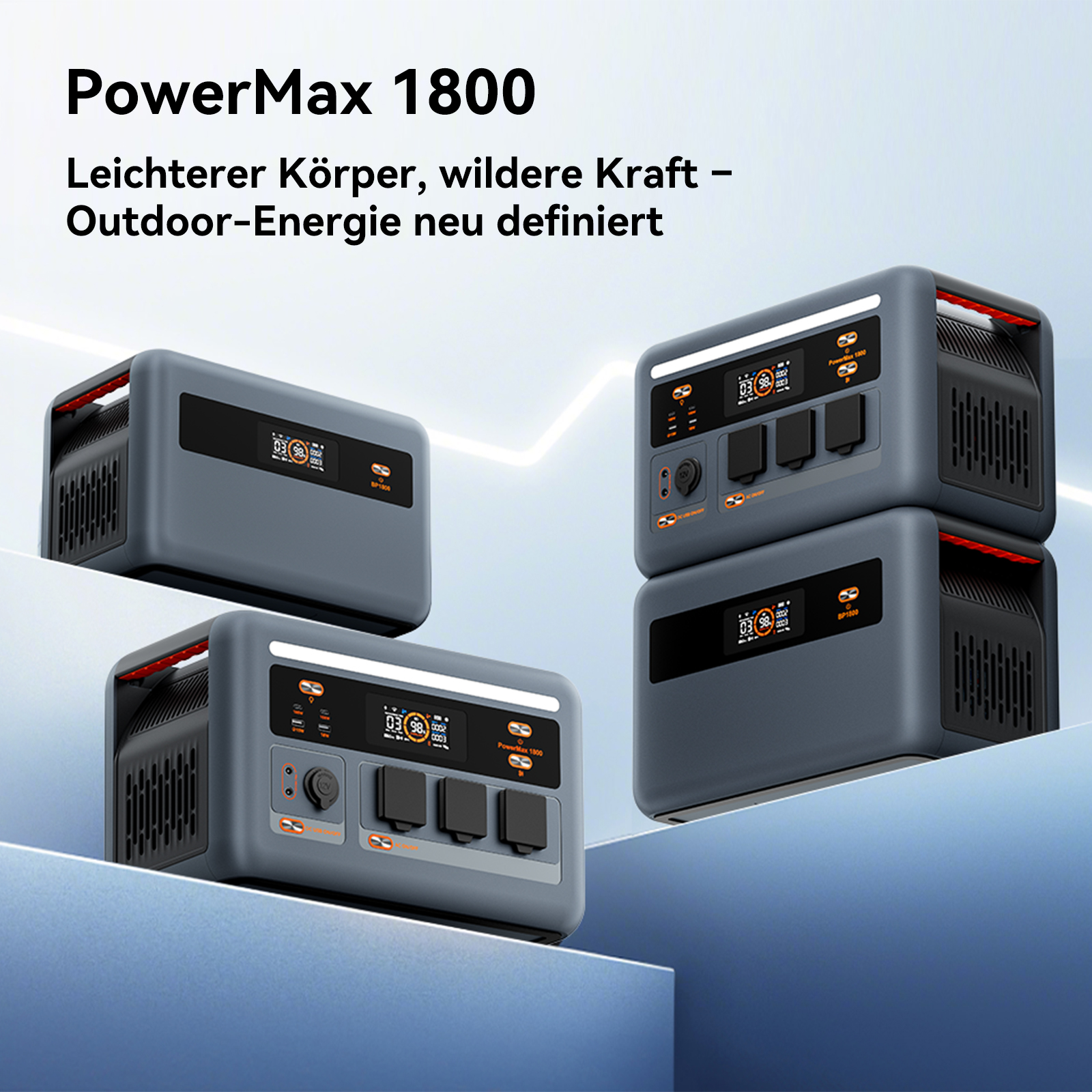 La imagen muestra múltiples estaciones de energía grises PowerMax 1800. El texto destaca 'Outdoor-Energie neu definiert'.