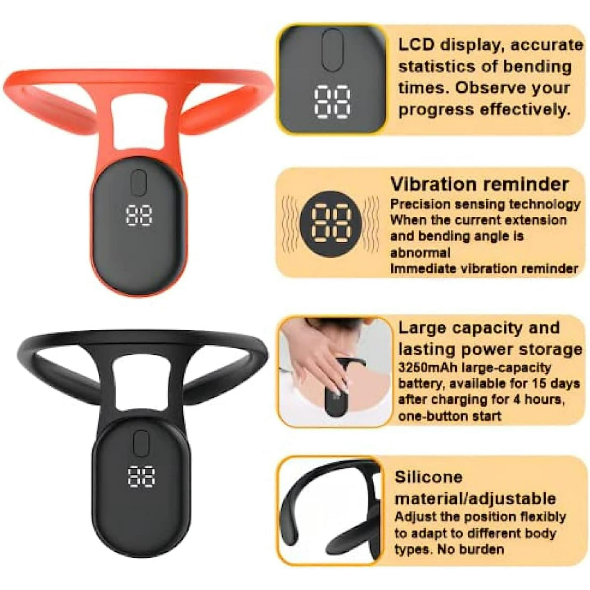 Das Bild zeigt zwei Nackenmassagegeräte, rot und schwarz, mit LCD-Displays. Textdetails zu Funktionen wie Vibrationserinnerung und Akku.