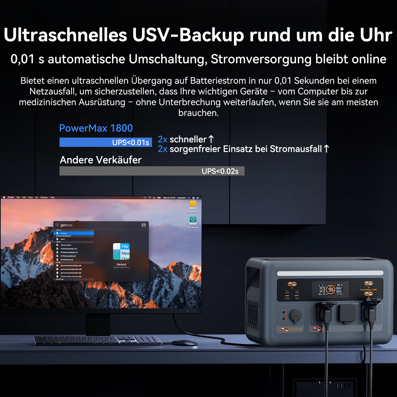 UPS gris PowerMax 1800 junto a un monitor que muestra un archivo. El texto superior dice USV-Backup.