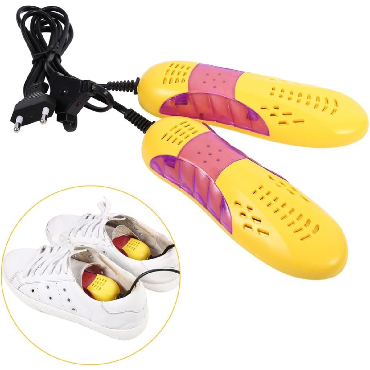 Ein Schuhtrockner mit zwei gelben Einheiten. Weiße Schuhe mit Trocknern im Inneren befinden sich unten links. Oben befinden sich ein schwarzes Kabel und ein Stecker.