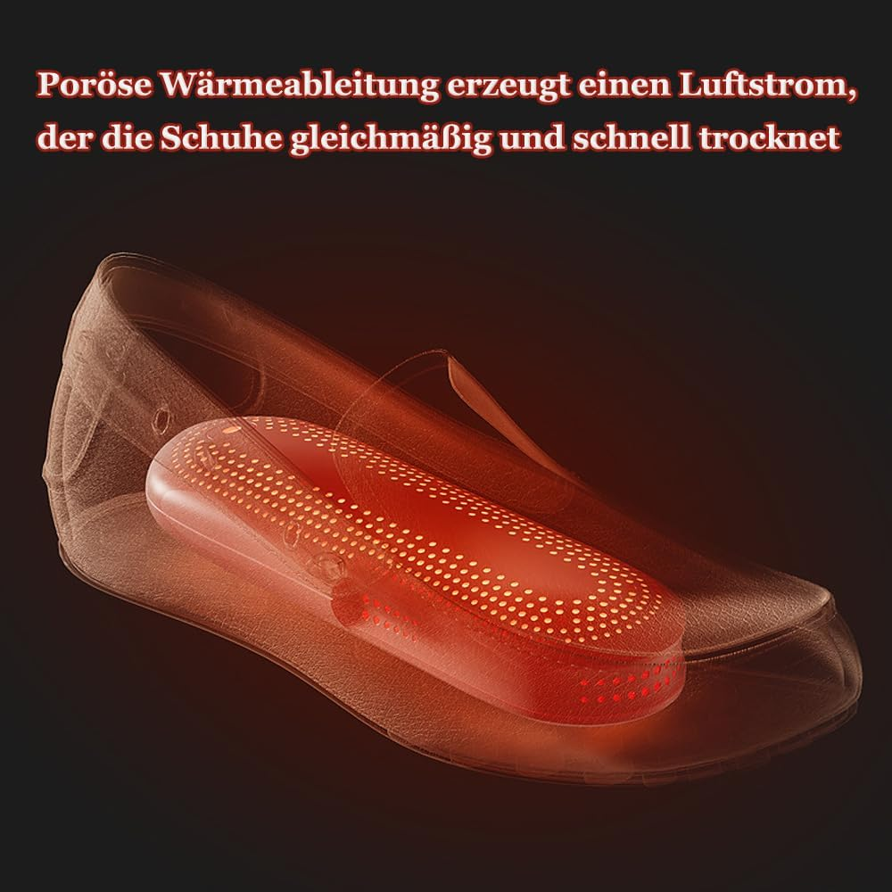 Eine Illustration zeigt einen Schuh mit einem roten Heizgerät im Inneren. Das Gerät hat weiße Punkte und scheint den Schuh zu trocknen.