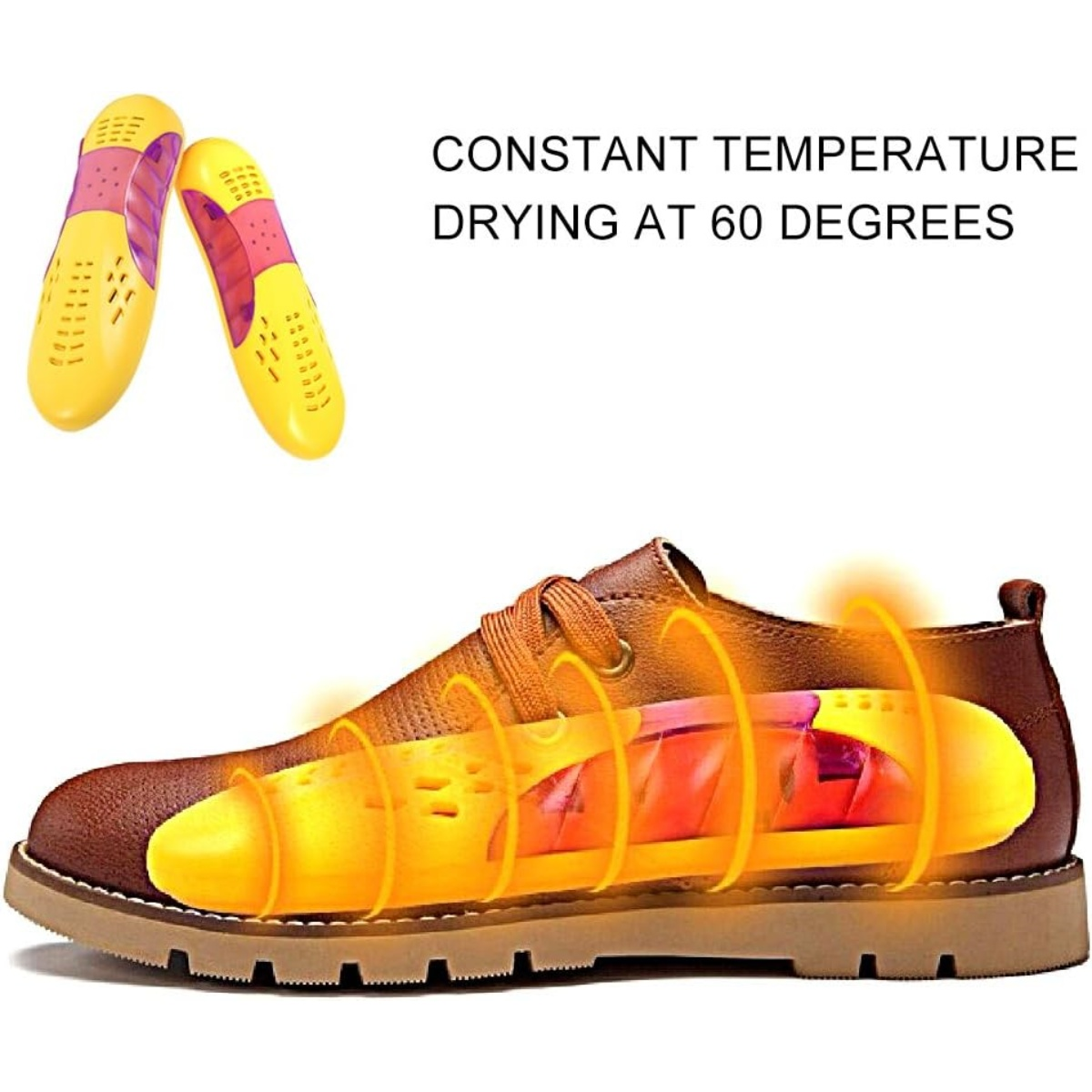 Das Bild zeigt einen braunen Schuh mit einem gelb-violetten Schuhtrockner. Der Text lautet: KONSTANTE TEMPERATURTROCKNUNG BEI 60 GRAD.