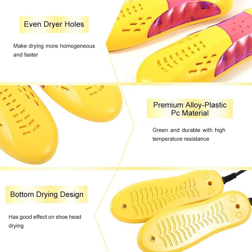 Das Bild zeigt gelbe Schuhtrockner mit Beschreibungen: Even Dryer Holes, Bottom Drying Design und Premium Alloy-Plastic Pc Material.