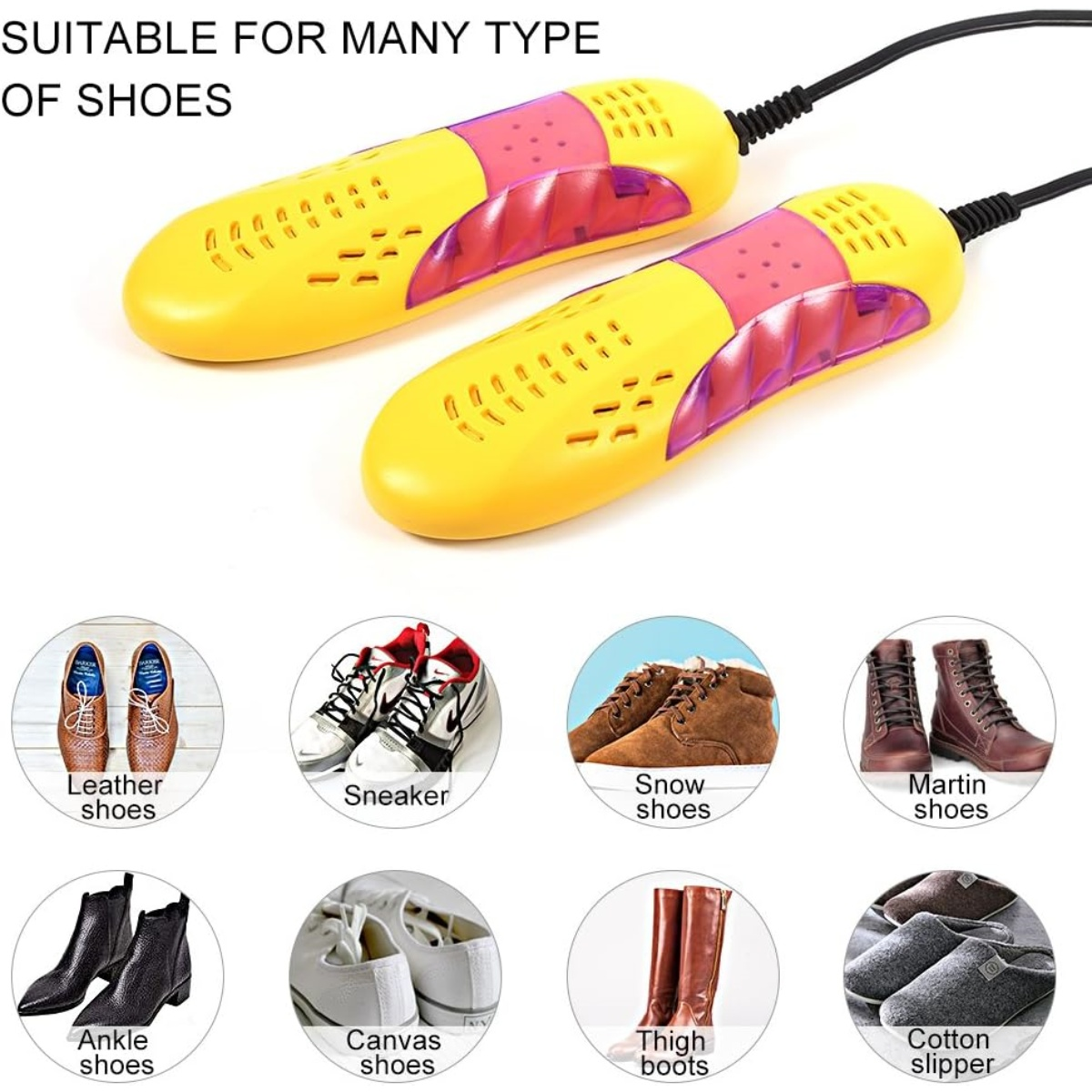 Gelbe Schuhtrockner mit verschiedenen Schuhtypen darunter: Leder, Sneaker, Schnee, Martin Stiefel, Knöchel, Segeltuch, Oberschenkelstiefel und Baumwollpantoffeln.