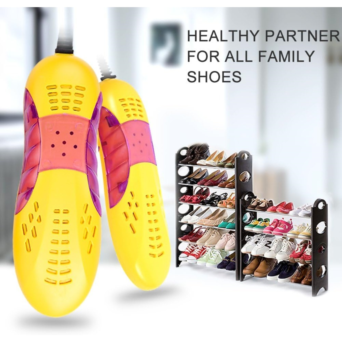 Gelb-rosa Schuhtrockner mit Schuhregal voller Schuhe. Text: 'Gesunder Partner für alle Familienschuhe'.